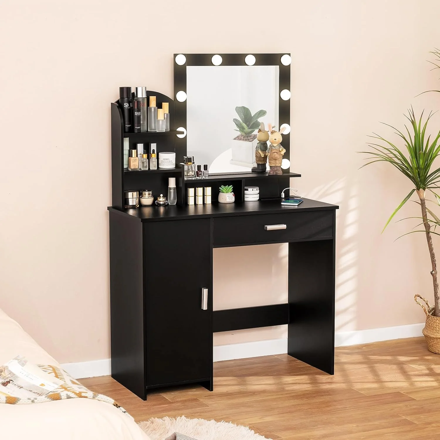 Quimoo Vanity Desk with Mirror and Lights, Makeup Vanity with Power Outlet & Drawer, 3 Lighting Modes Adjustable Brightness, Vanity Table Set for Women Girls, Black
