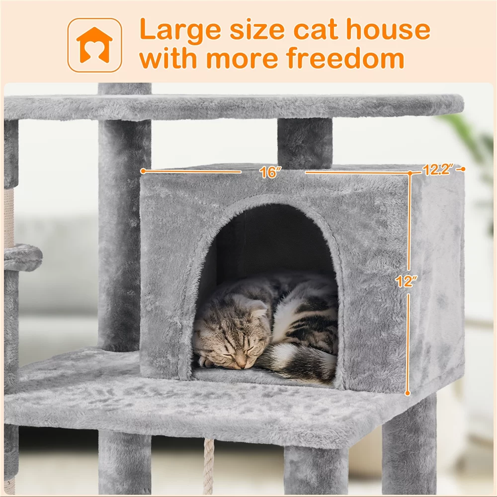 Easyfashion 69.5-inch Cat Tree Cat Activity Center with Scratching Post Tunnel Light Gray