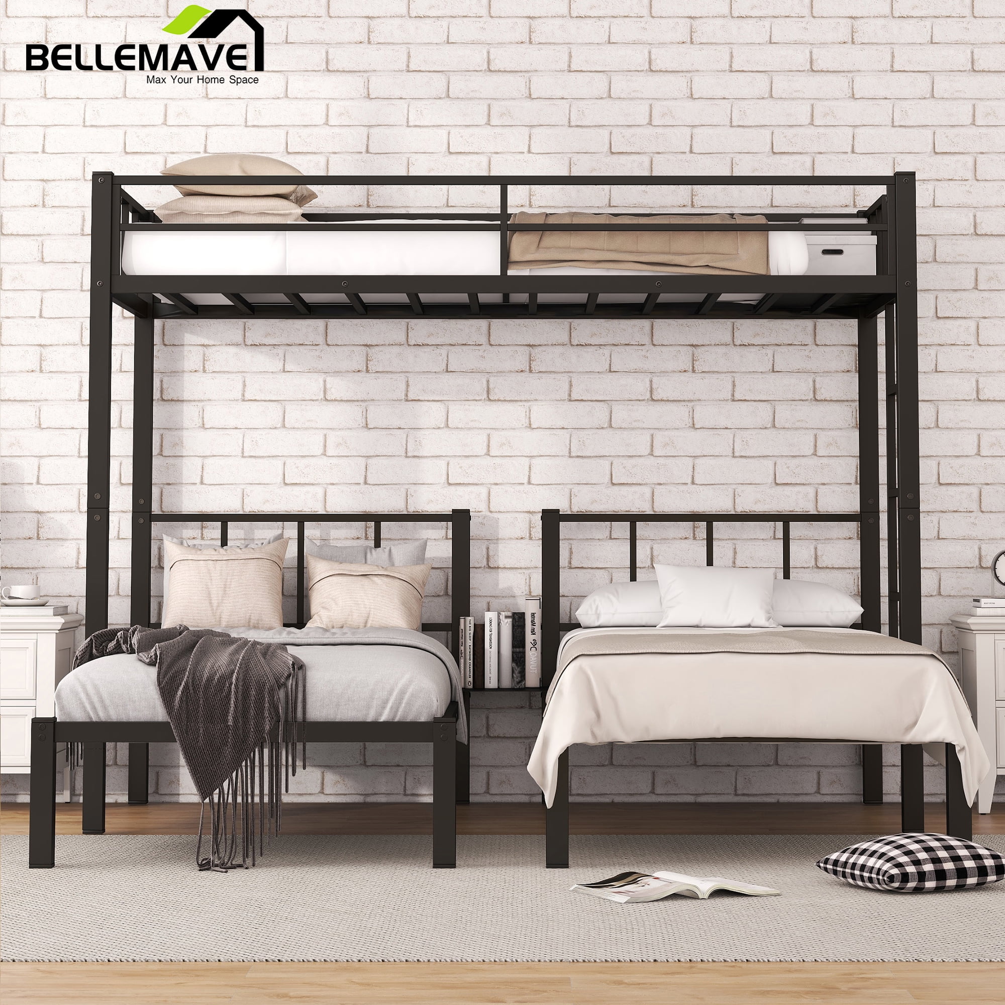 Bellemave Triple Bunk Bed Twin XL over Twin and Twin Metal Bunk Bed Frame with Storage Shelf Space Saving Bunk bed with Build-in Table Convertible 3 Bunk Bed for Kids Teens Boys Girls, Black
