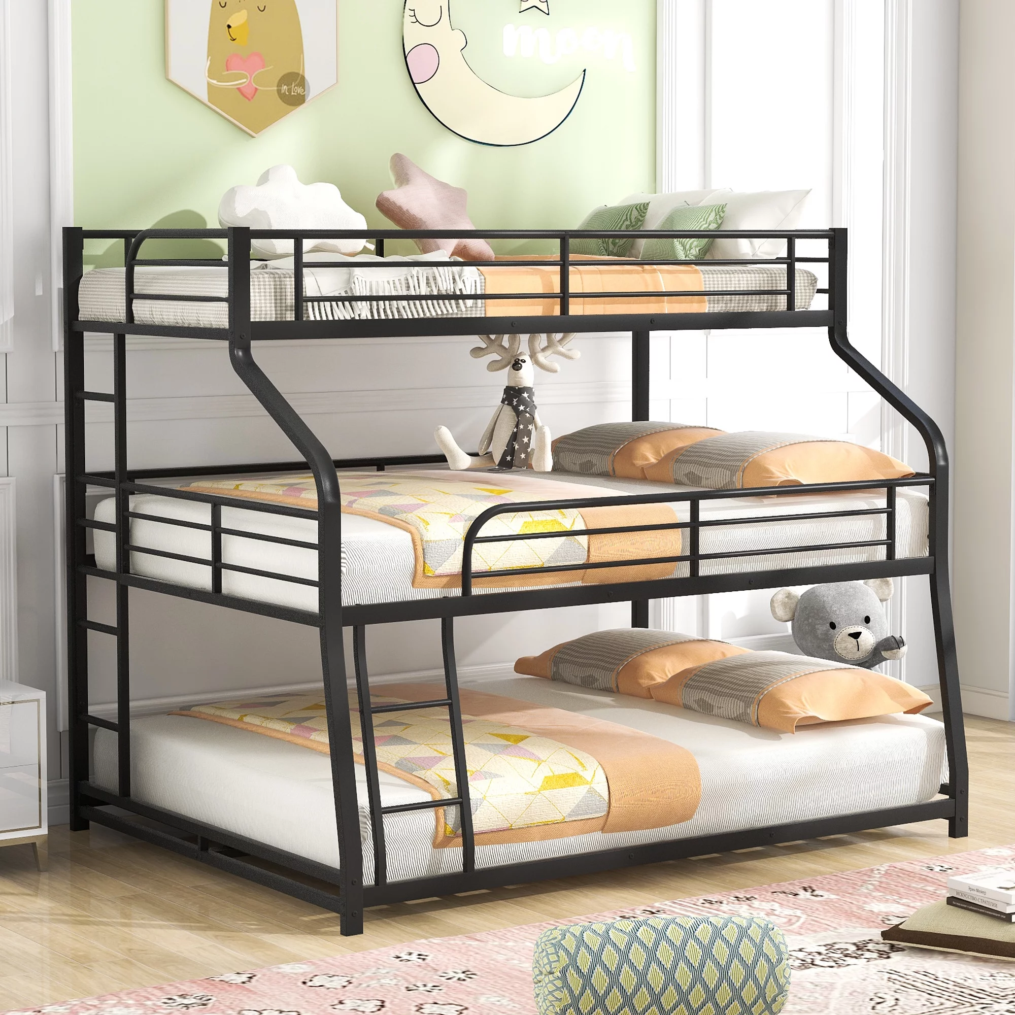 Euroco Metal Triple Bunk Bed, Twin-XL over Full-XL over Queen Size for Kids and Adults, Black