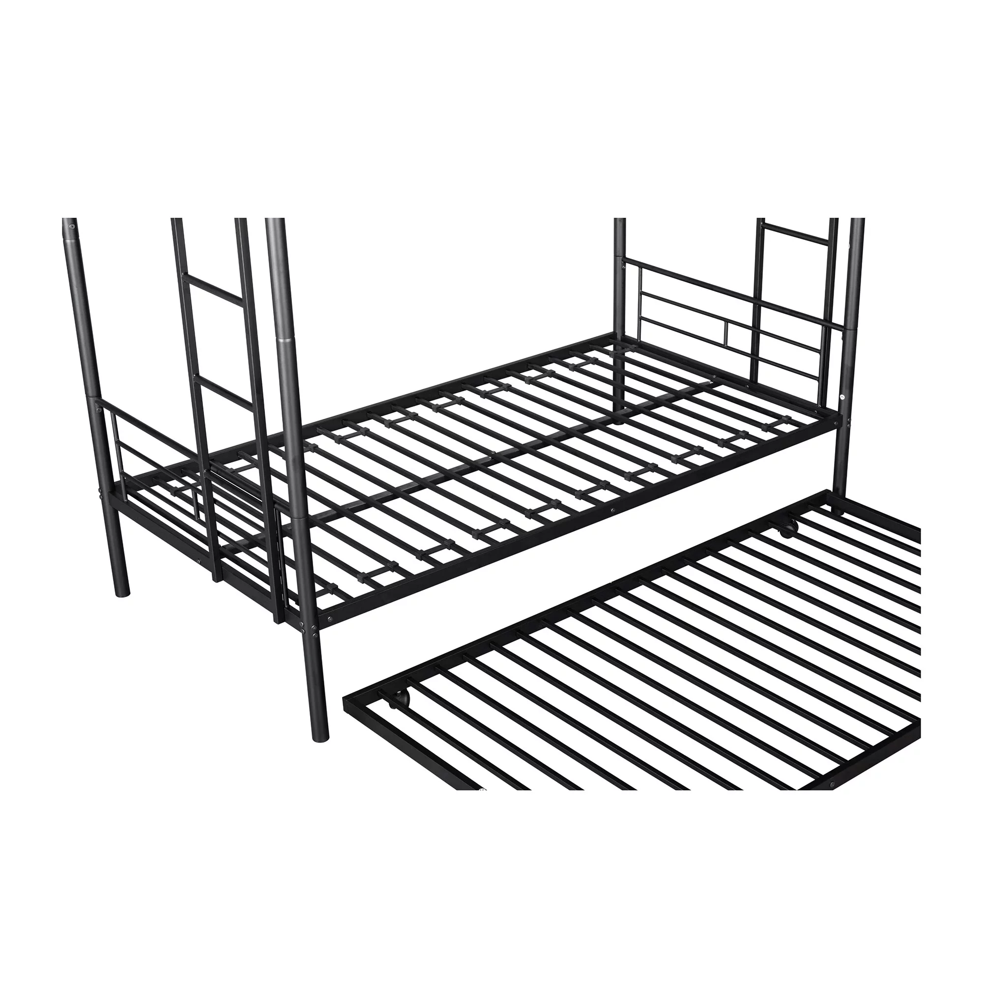 GNIXUU Metal Twin over Twin Bunk Beds with Trundle Bed for Kids Bedroom, Metal Twin Bunk Bed Frame with Safety Guardrail & 2 Ladders, Black