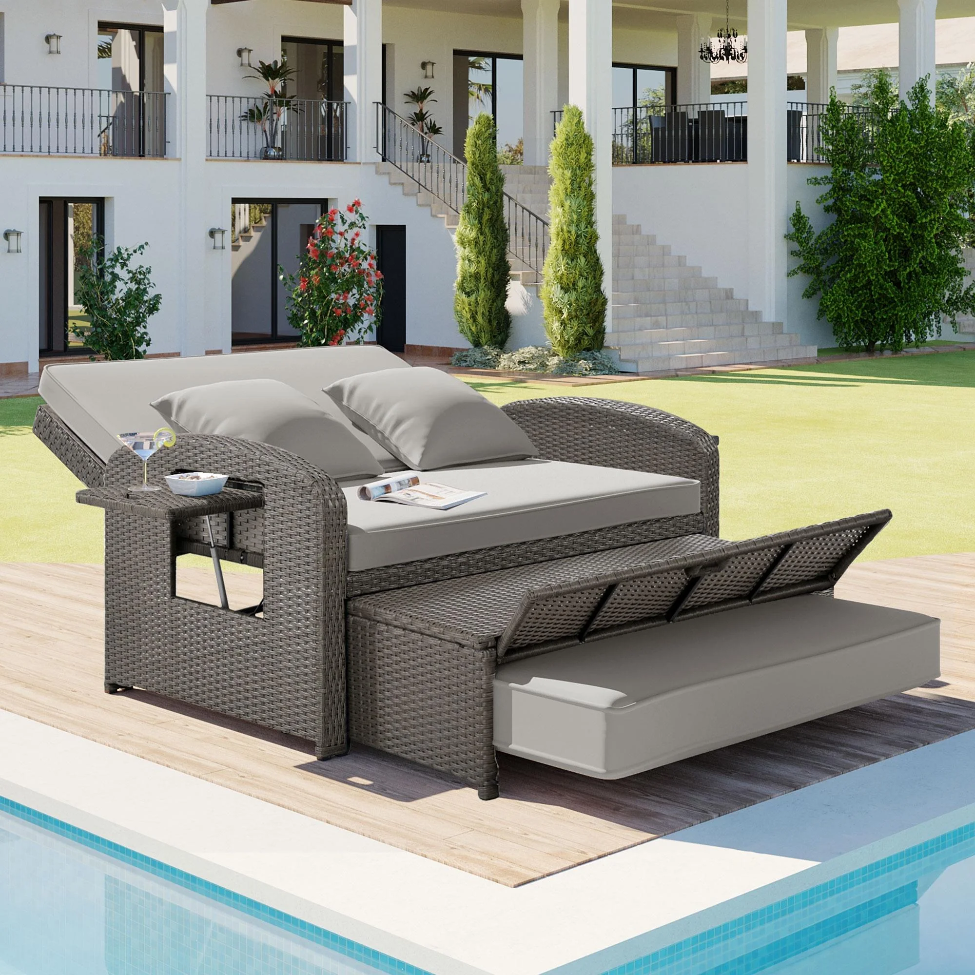 Rattan Double Chaise Lounge, 2-Person Reclining Outdoor Daybed with Adjustable Back, Cushions and Furniture Cover, Wicker Furniture,Patio Seating Set for Backyard Poolside Deck, Gray
