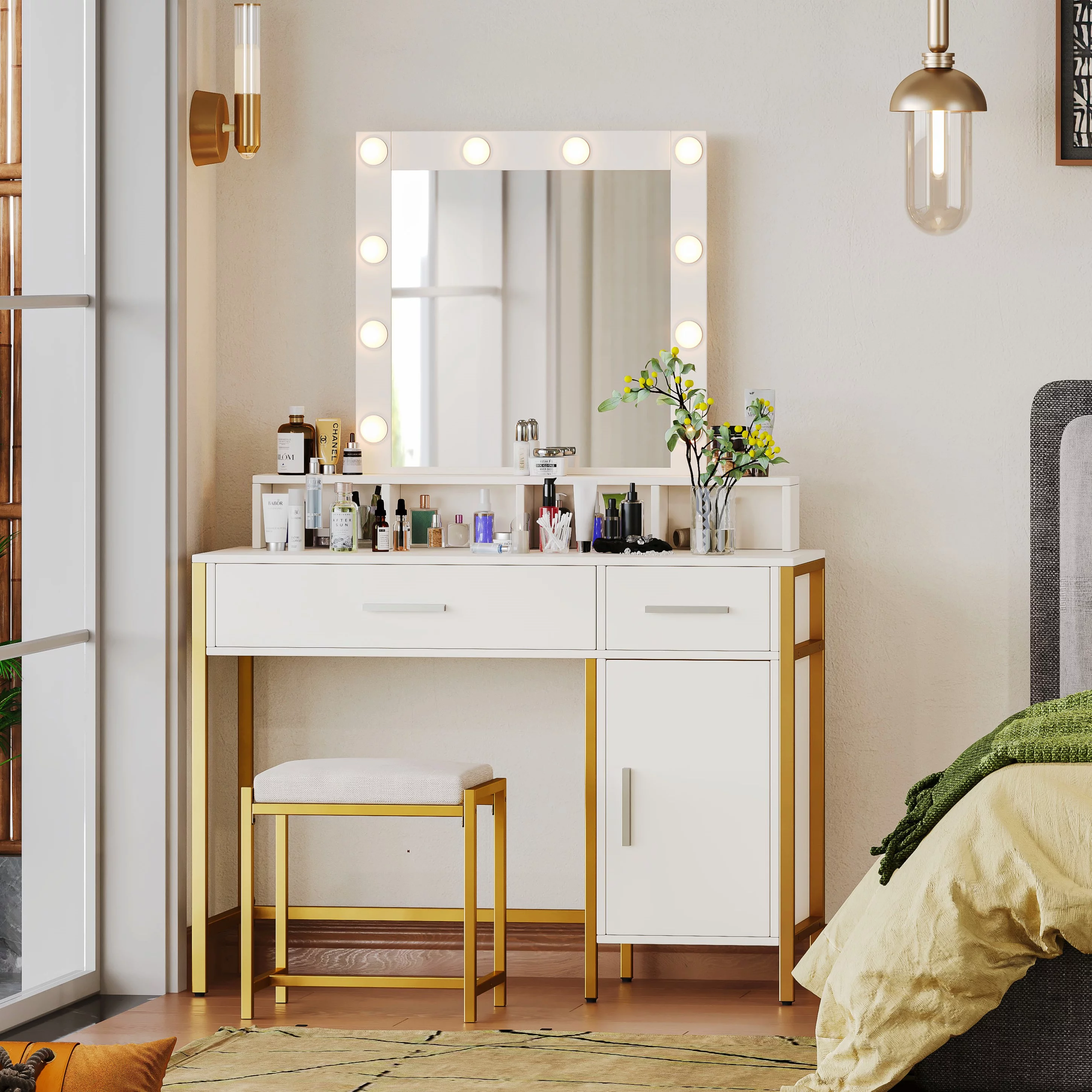 Reettic Vanity Table Set with Lighted Mirror, Makeup Vanity Desk with Storage Cabinet and Drawers, Cushioned Stool, Adjustable Brightness, White RSZT201W