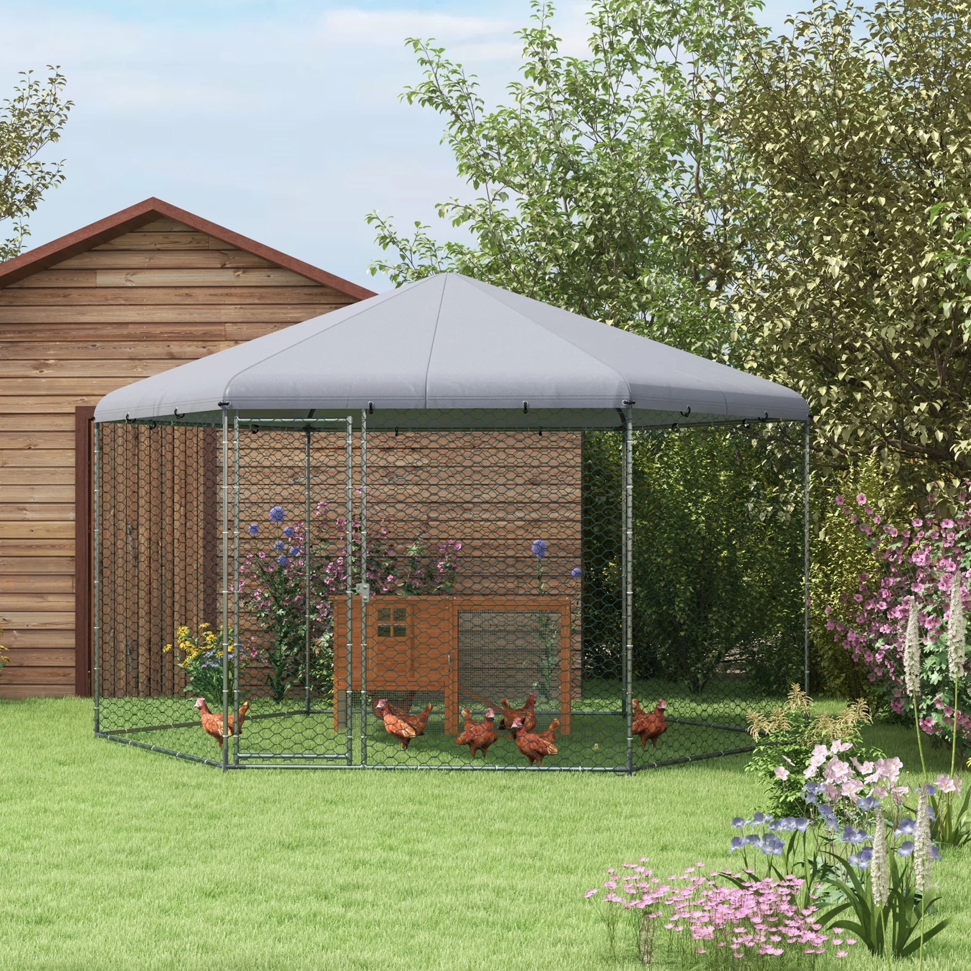 PawHut 13.1 ft x 11.4 ft Chicken Coop for 10-15 Chickens, Ducks, Rabbits