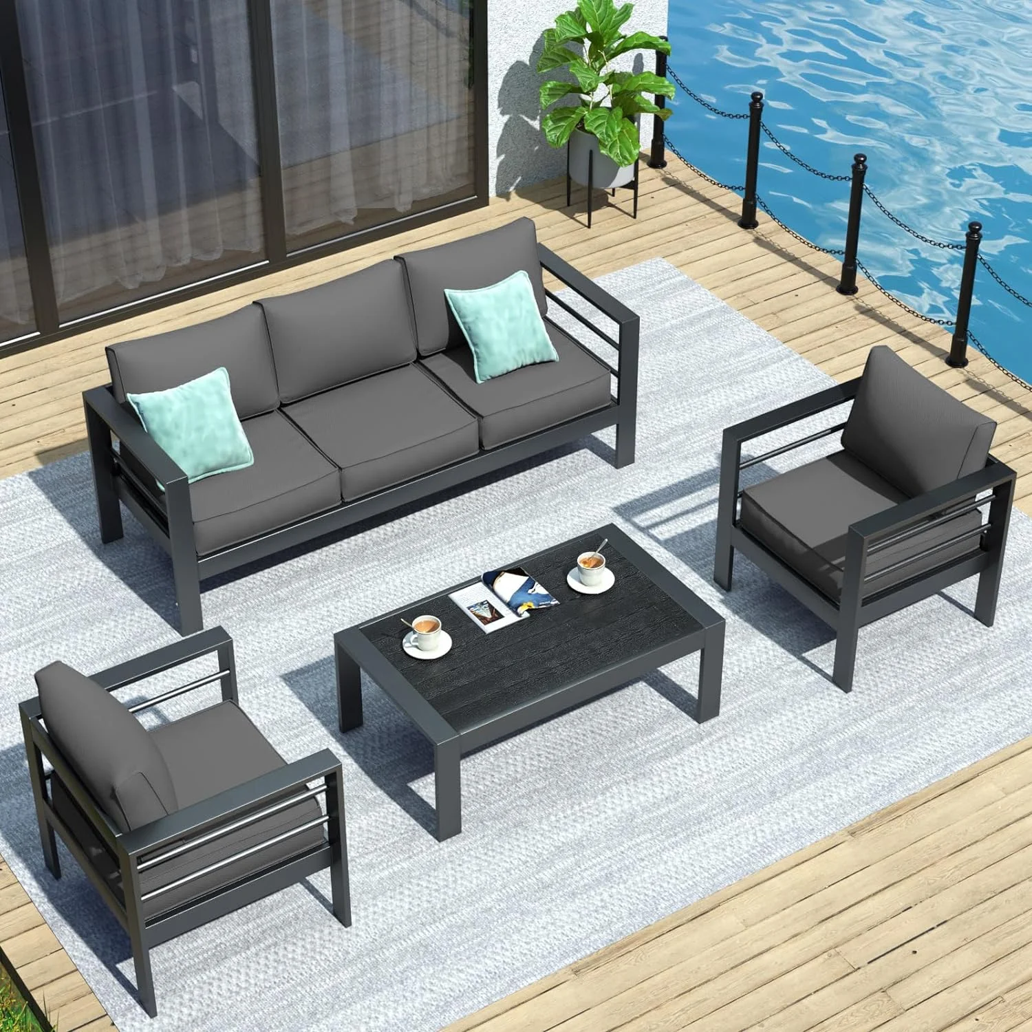 Poteban Aluminum Patio Furniture,Outdoor Metal Sectional Sofa with Table and Waterproof Covers,Grey Modern Patio Furniture Set for Garden Backyard (6-Piece)