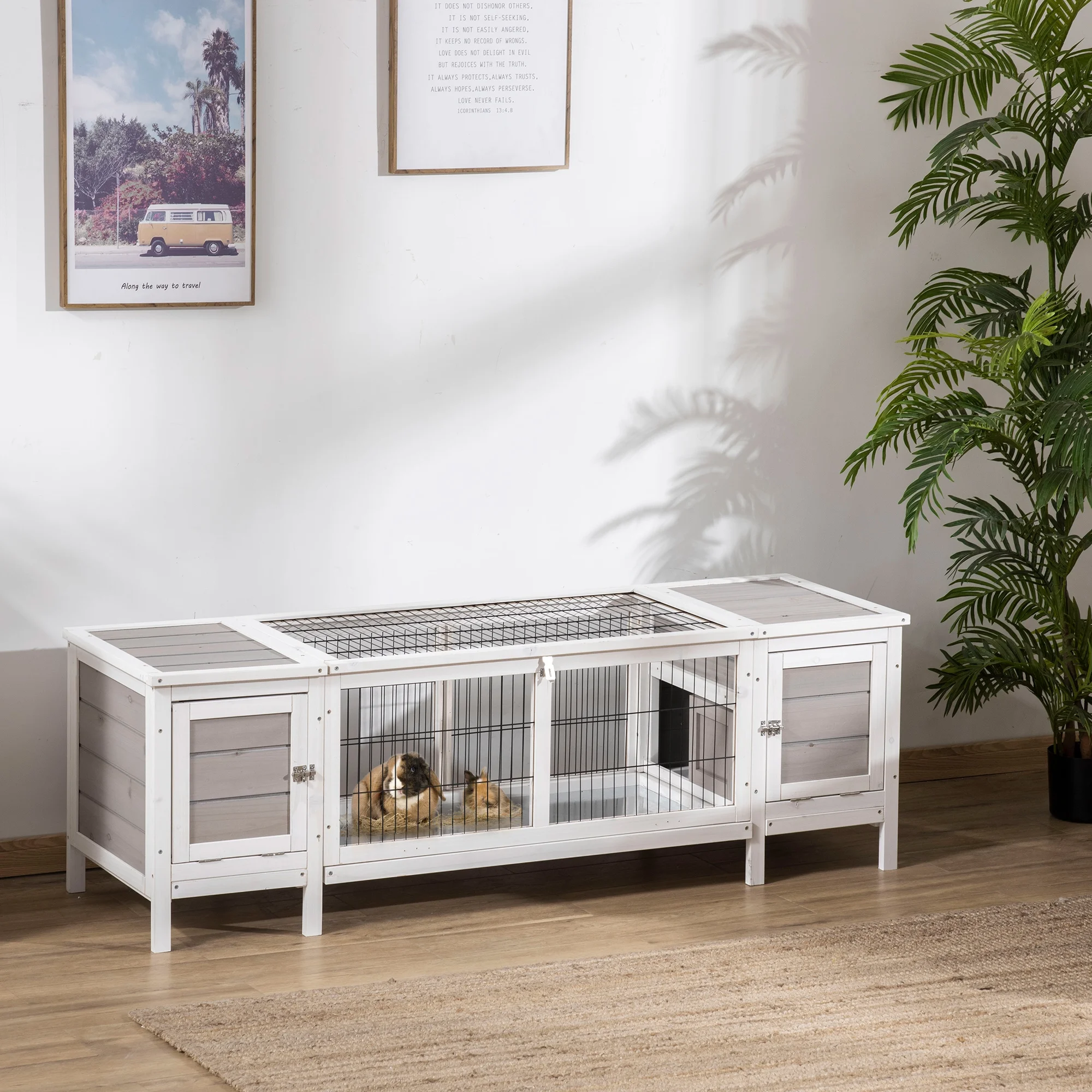 PawHut Rabbit Hutch, Bunny Cage, Guinea Pig House, White