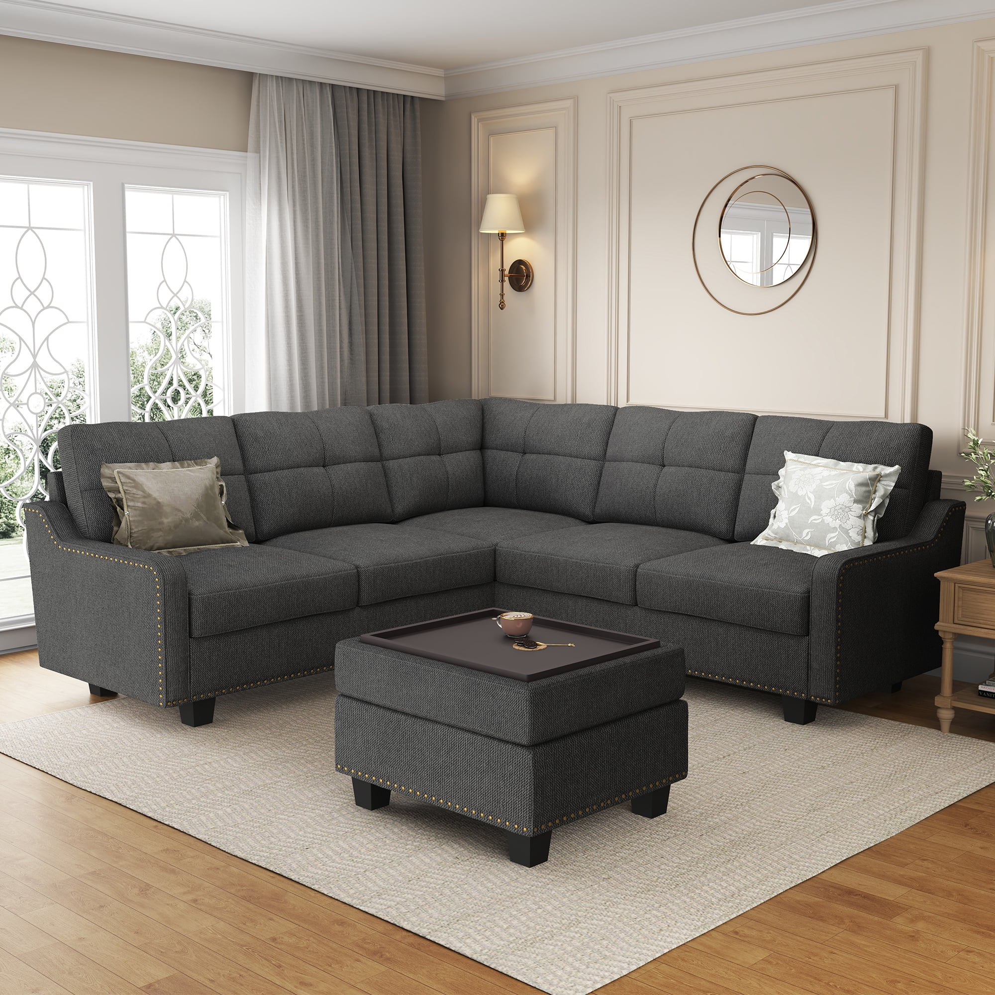 HONBAY Modern Convertible Nailhead Trim Sofa Set with Storage Ottoman, Dark Gray Sofa Set for Living Room