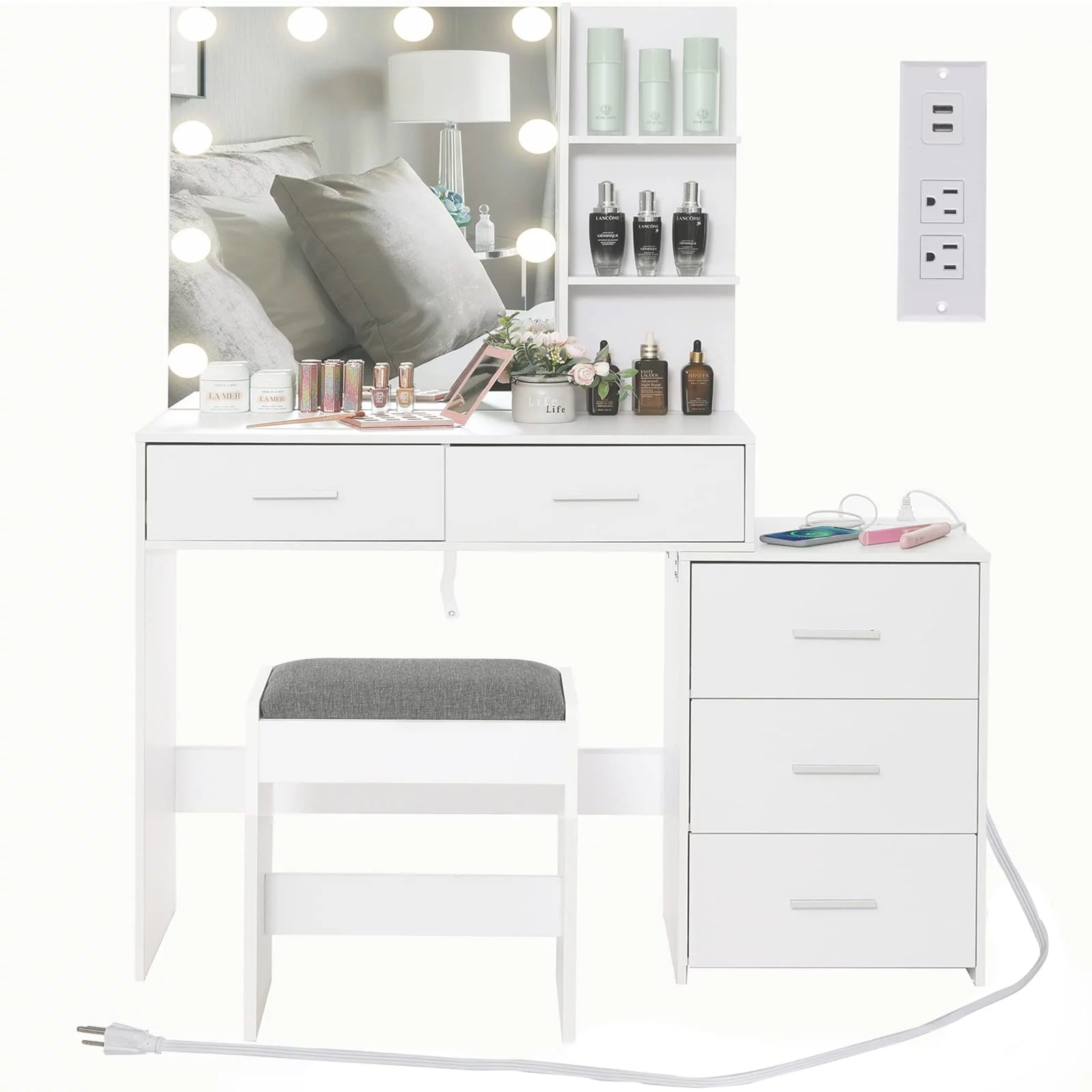 USIKEY Large Vanity Set with 10 LED Lights and Charging Station, Makeup Vanity Dressing Table with USB Ports and Outlets, Vanity Table Set with 5 Drawers and Cushioned Stool, White YSZT030WN