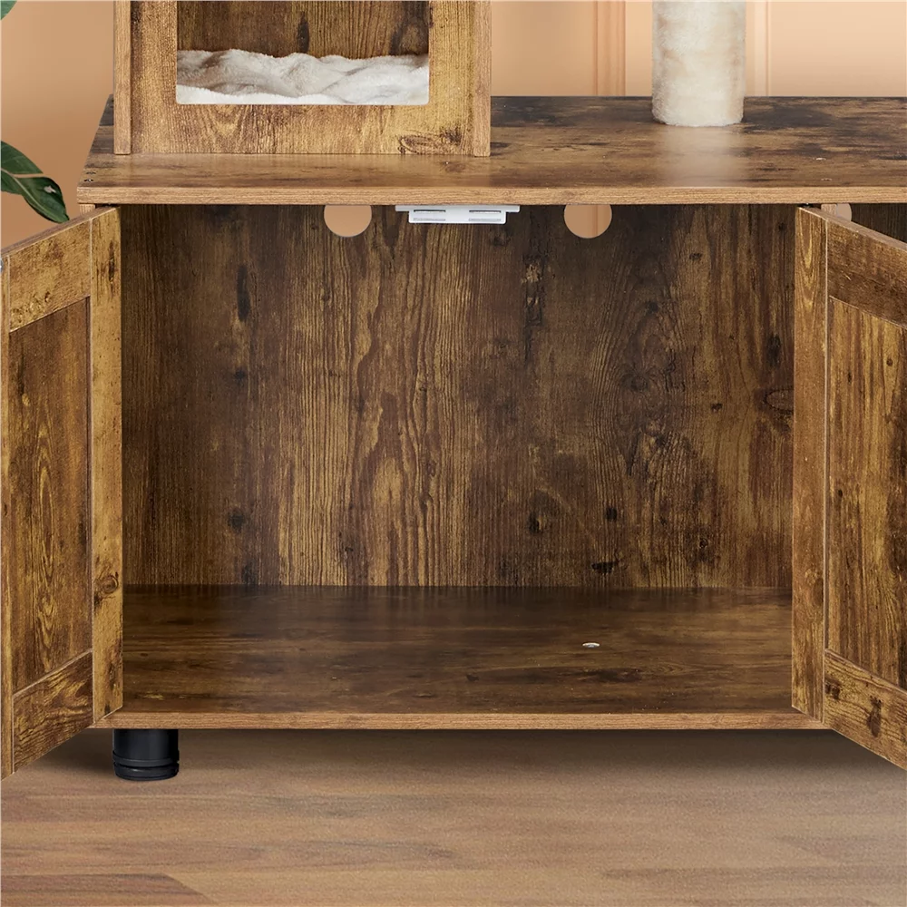 Easyfashion Wooden Litter Box Enclosure with Cat Tree Tower,Rustic Brown/Beige