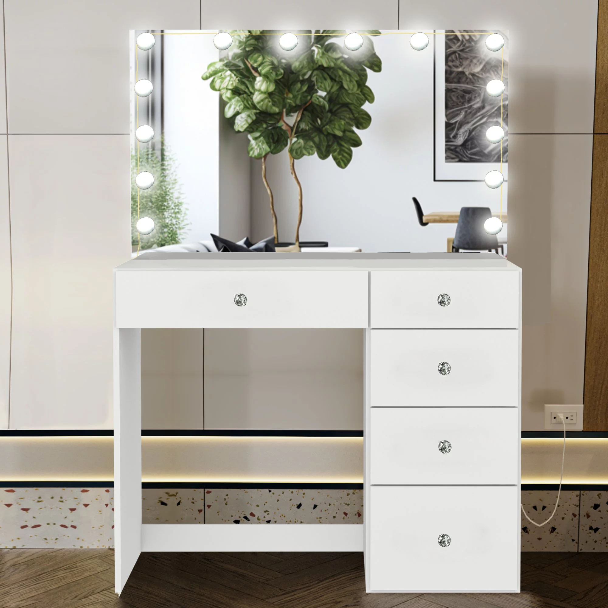 Boahaus Amelia PRO Modern Vanity Desk with 5 Drawers, Lights, Crystal Knobs, Wide Mirror, White
