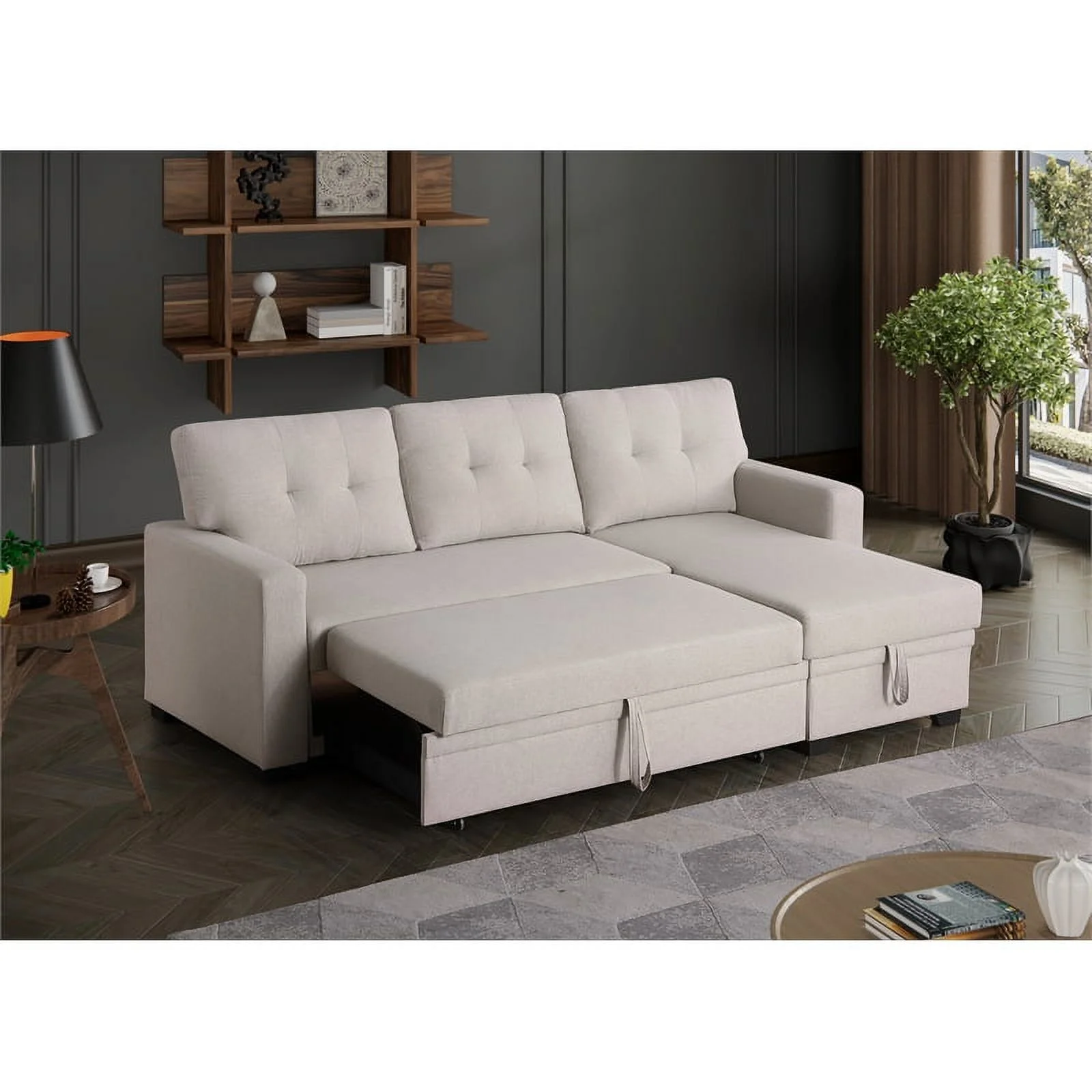 Devion Furniture Polyester Fabric Reversible Sleeper Sectional Sofa-Beige