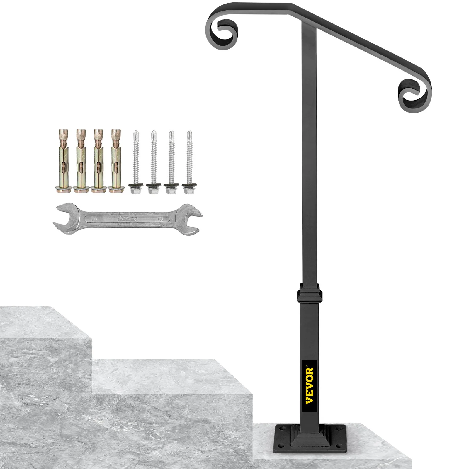 VEVOR Single Post Wrought Iron Handrail for 1-2 Outdoor Steps, Gray Transitional Stair Railing with Base for Concrete or Wooden Stairs