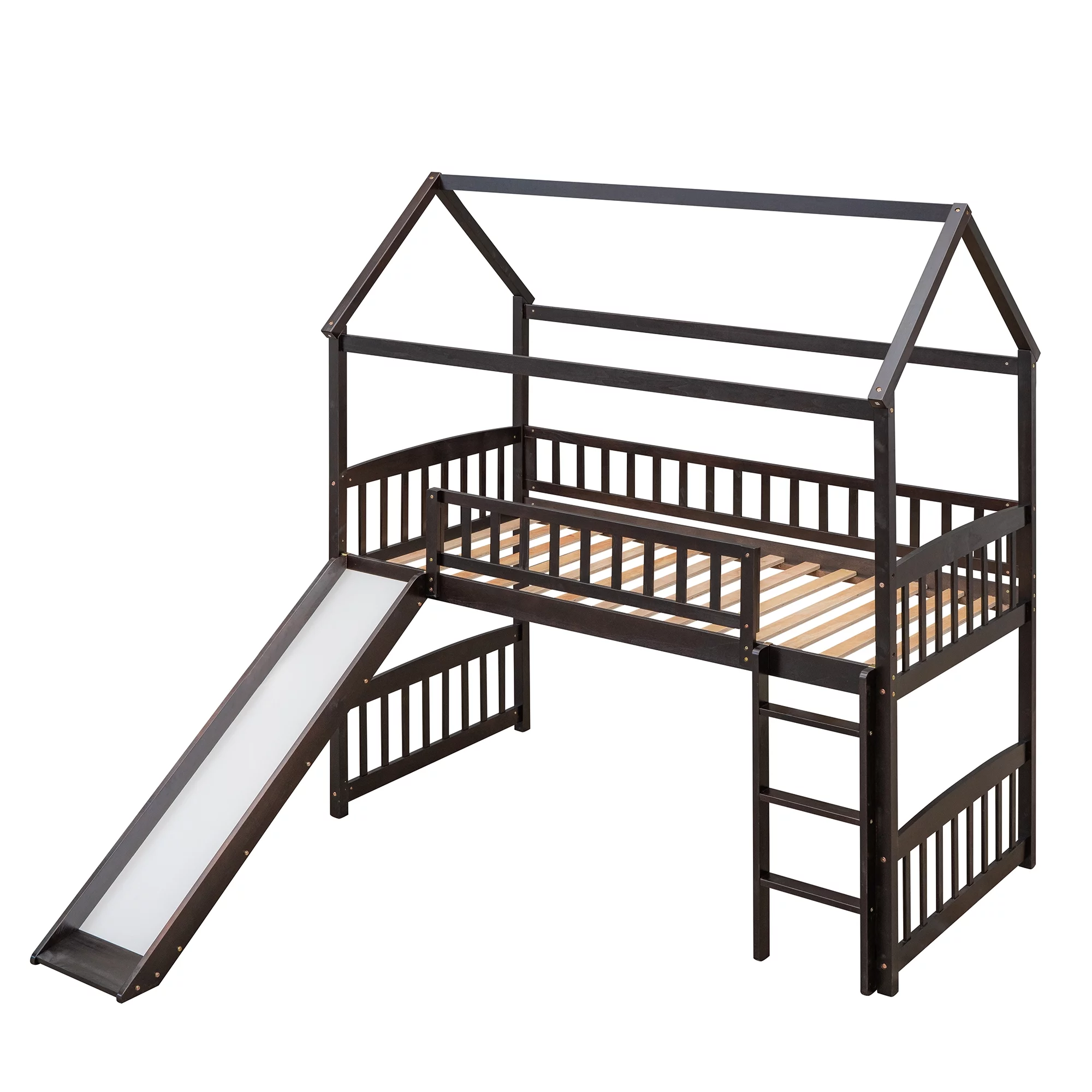 CoSoTower Twin Loft Bed with Slide, House Bed with Slide, Espresso