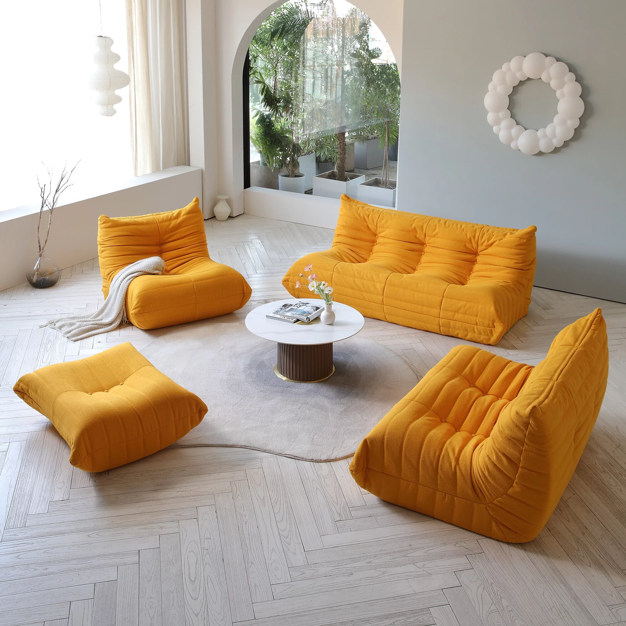Magic Home Modern Sectional Sofa Togo Sofa Lazy Sofa Floor Sofa Foam Sofa Teddy Velvet Couch for Living Room and Apartment,6 Seat Sofa and Ottoman,Yellow