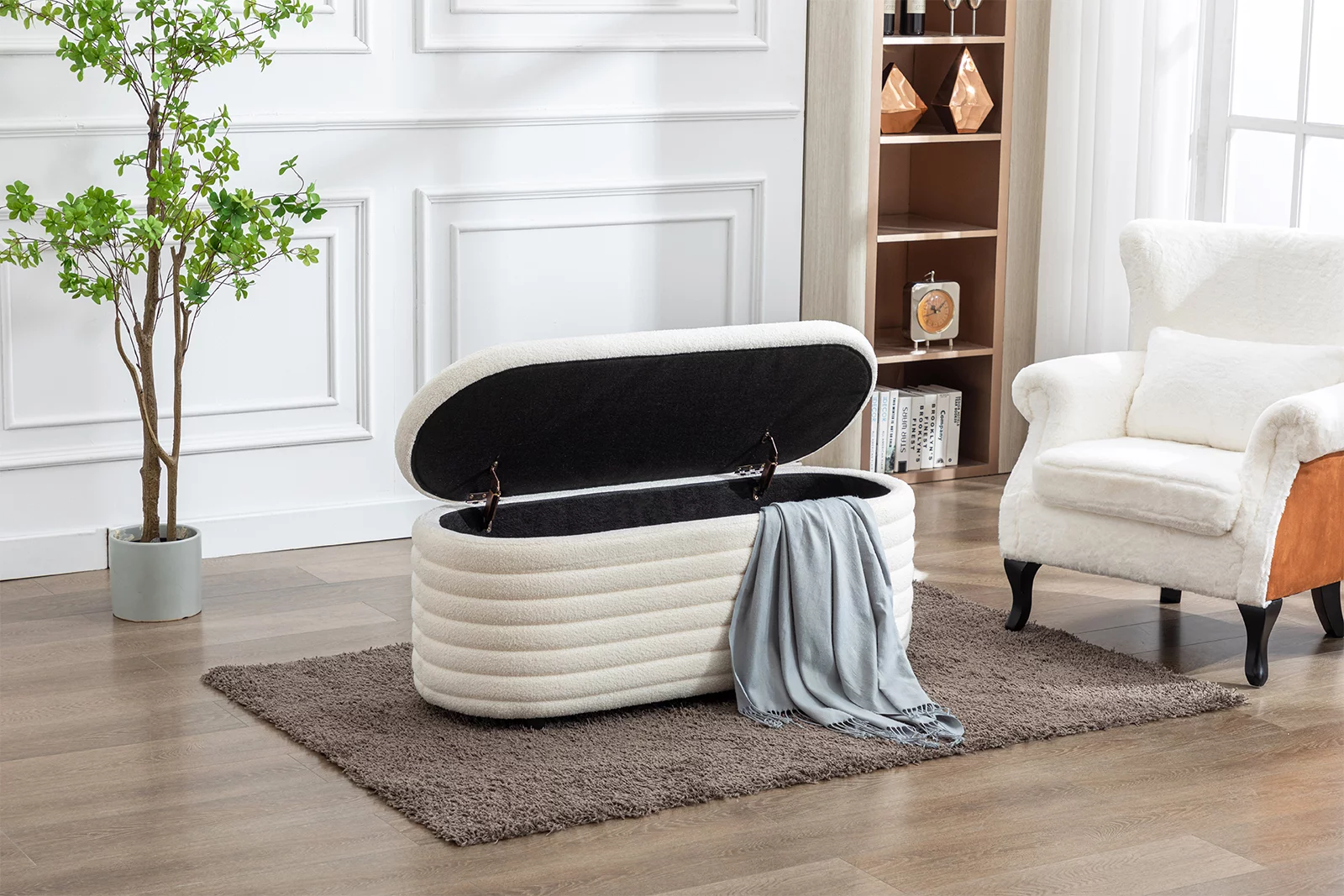 Guyou Storage Ottoman Bench, Upholstered Faux Fur Modern End of Bed Stool Entryway Bench with Safety Hinges for Bedroom Living Room Hallway, White