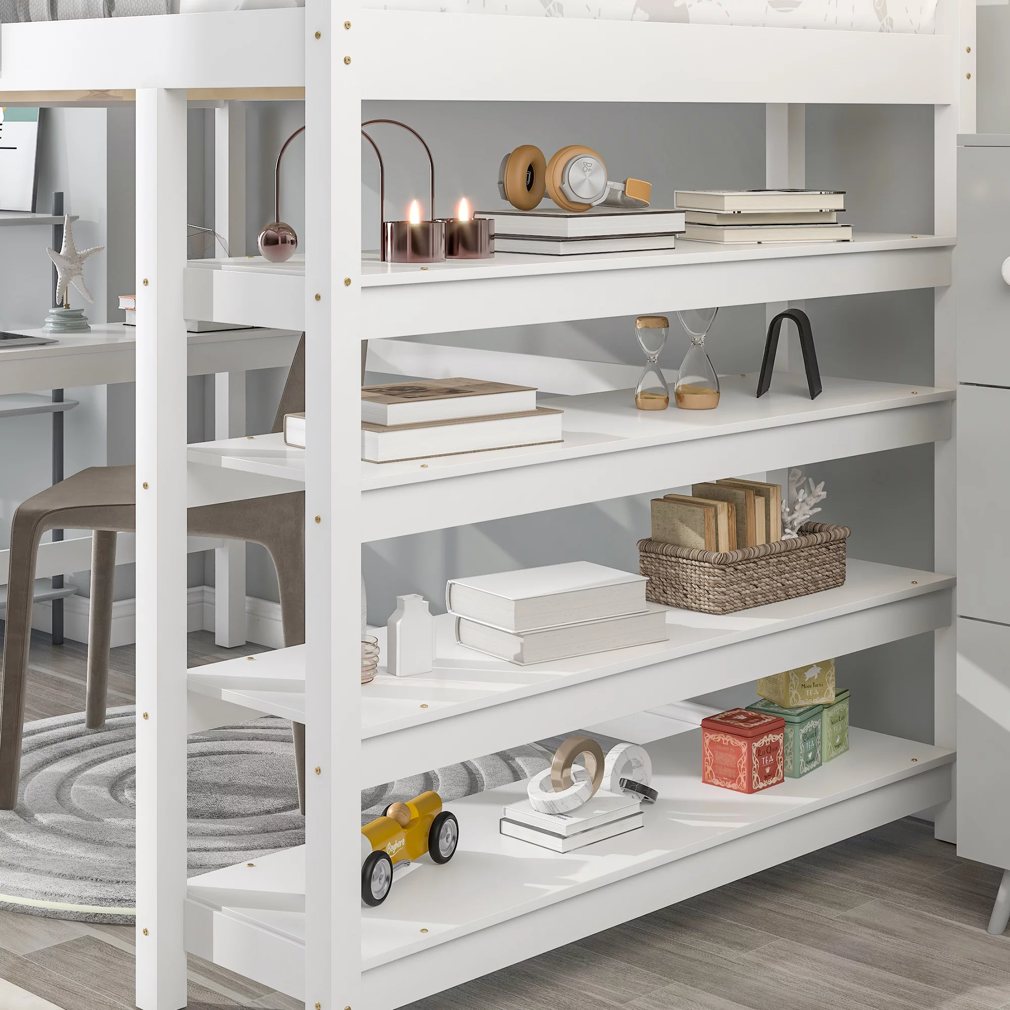 Dcenta Loft Bed Full with desk,ladder,shelves , White,Overall Product Dimension:79.5”x59.1”x68.1”