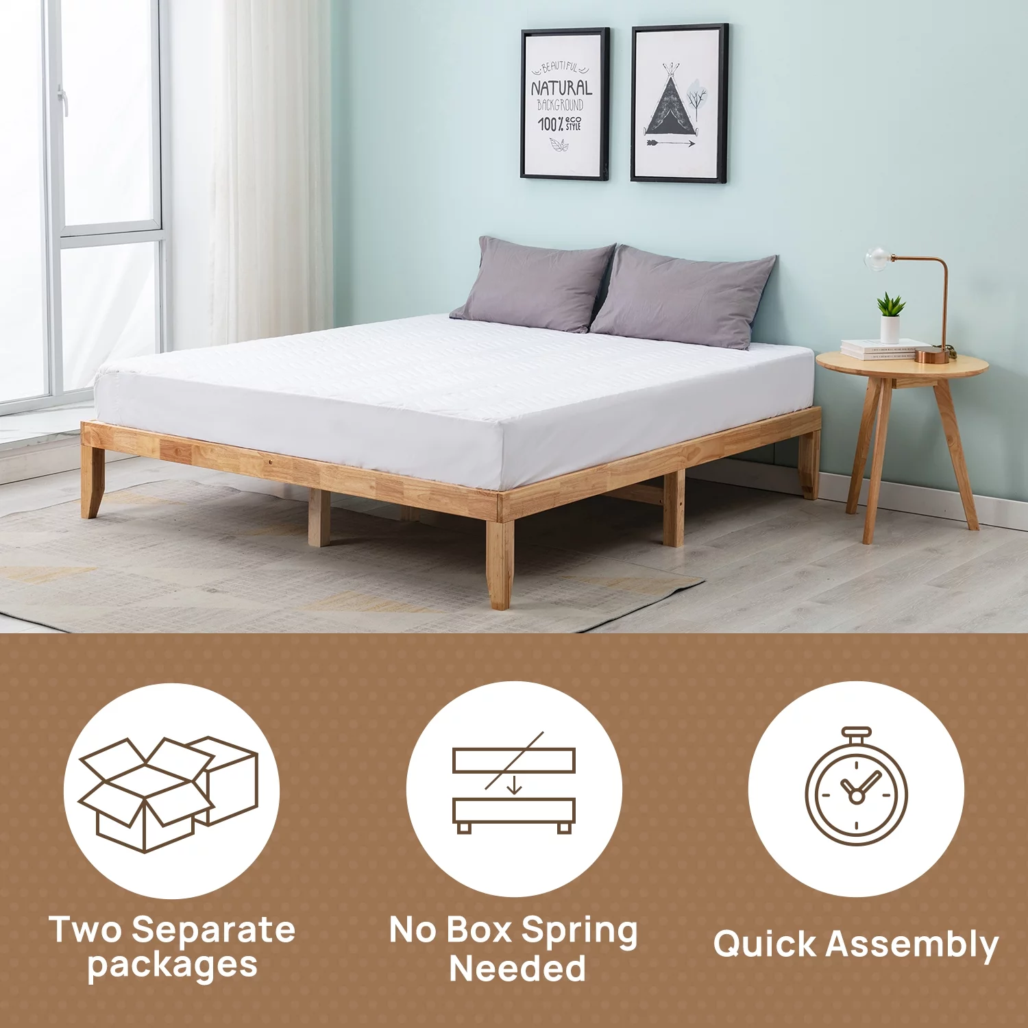 King Size 14-Inch Platform Bed Frame with Natural Wood Slats, No Box Springs Needed, No Headboard