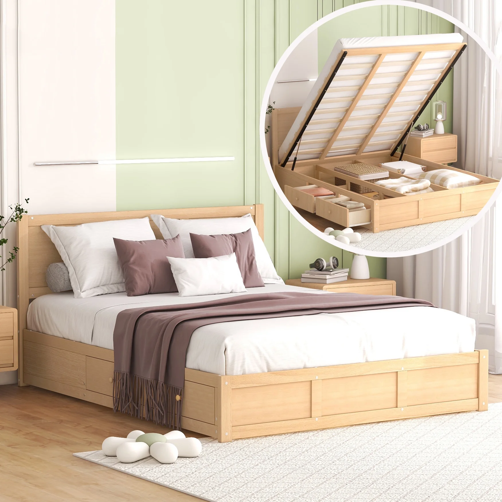 Bellemave Queen Size Lift Up Storage Bed, Wood Platform Bed with 2 Storage Drawers, Queen Size Bed Frame with Hydraulic Storage System, No Box Spring Needed, Easy Assembly, Natural