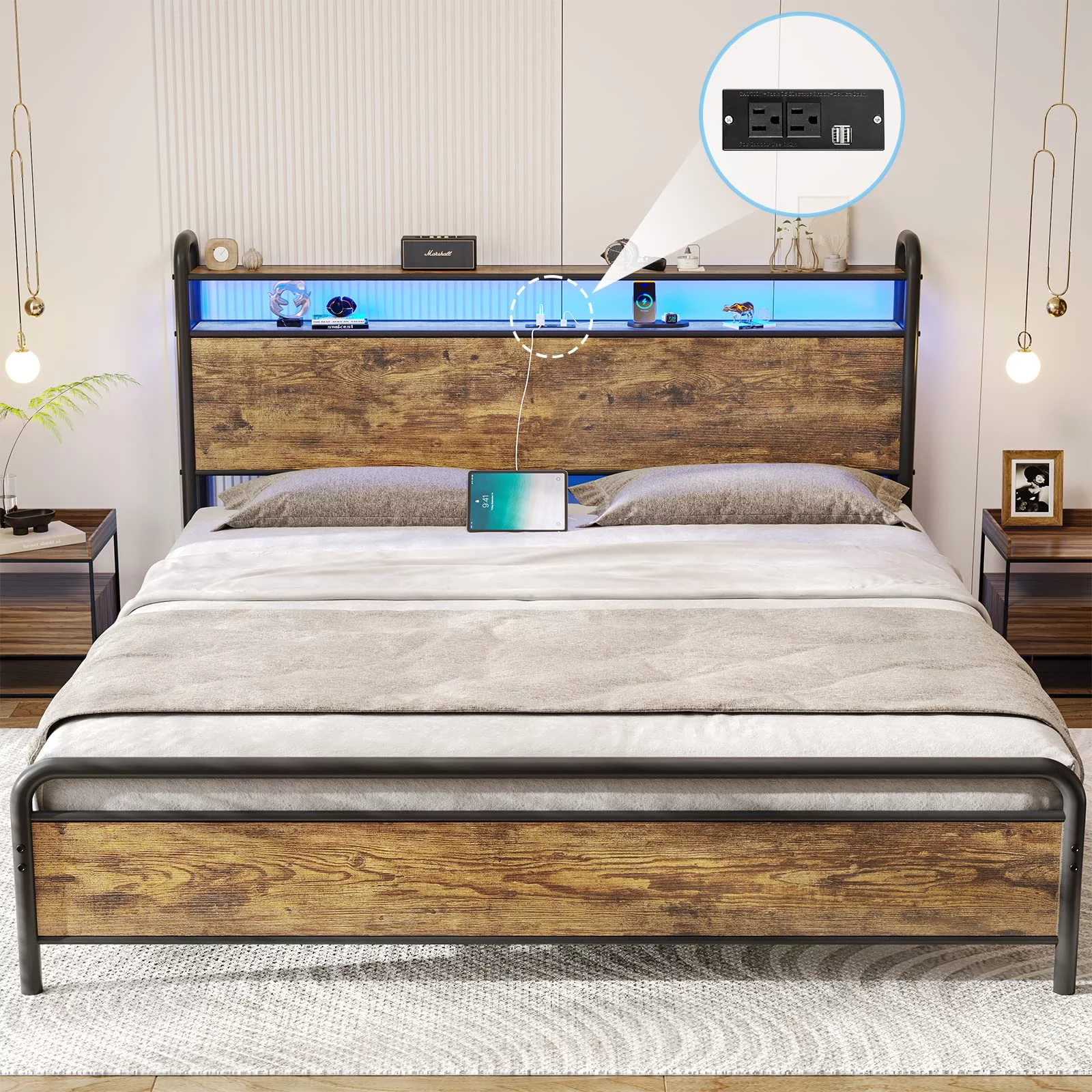 LED Metal Bed Frame with USB Ports & Outlets & LED Headboard, King Platform Bed Frame with 2-Tier Storage Headboard, No Box Spring Needed, Rustic Brown