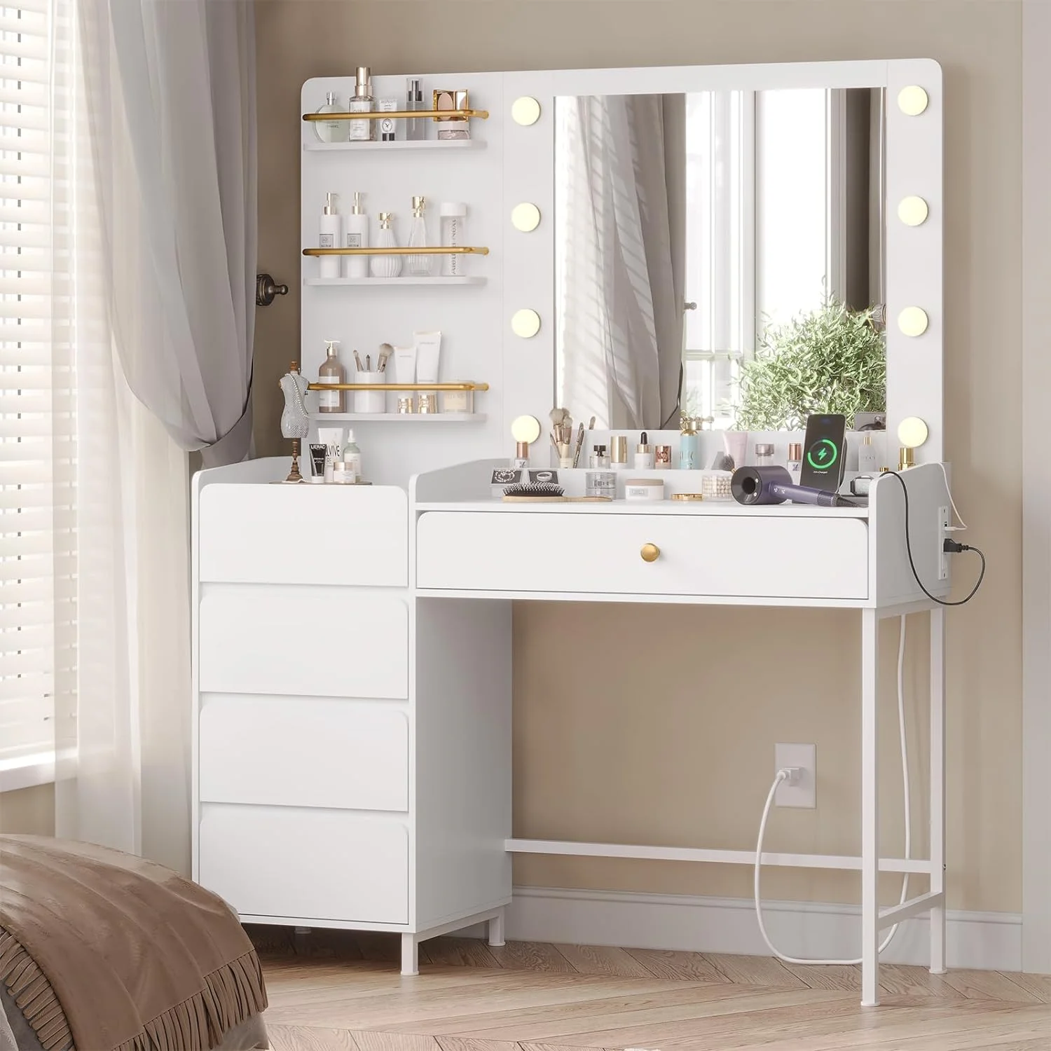 Afuhokles Vanity Desk with Lighted Mirror and Charging Station, Makeup Vanity Table with 5 Drawers, Visual Drawer, White