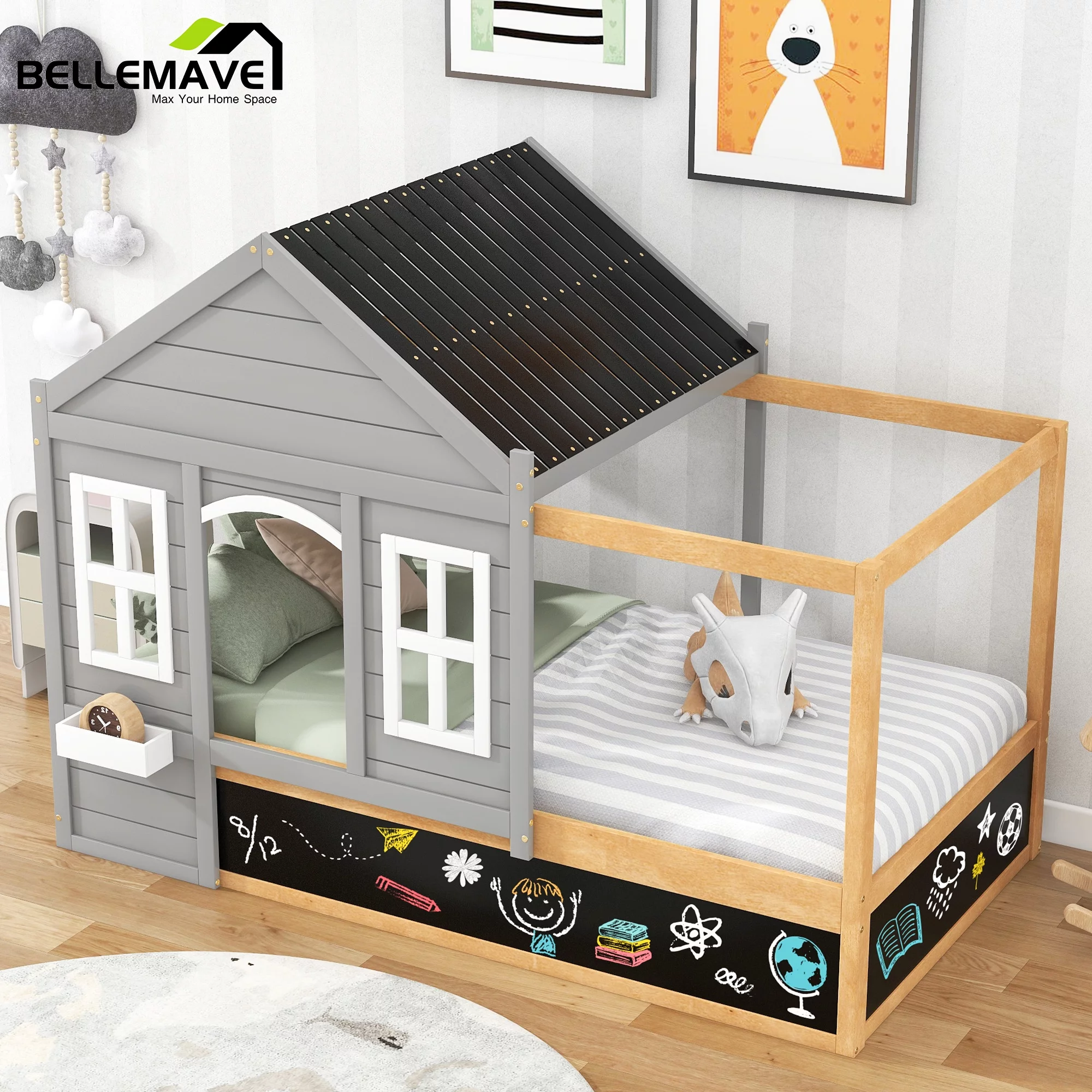 Bellameve Gray Twin Size Kids Canopy Platform Bed with Roof, Window, Blackboard and Little Shelf, Wood House Shaped Kids Platform Bed Daybed for Bedroom Living Room
