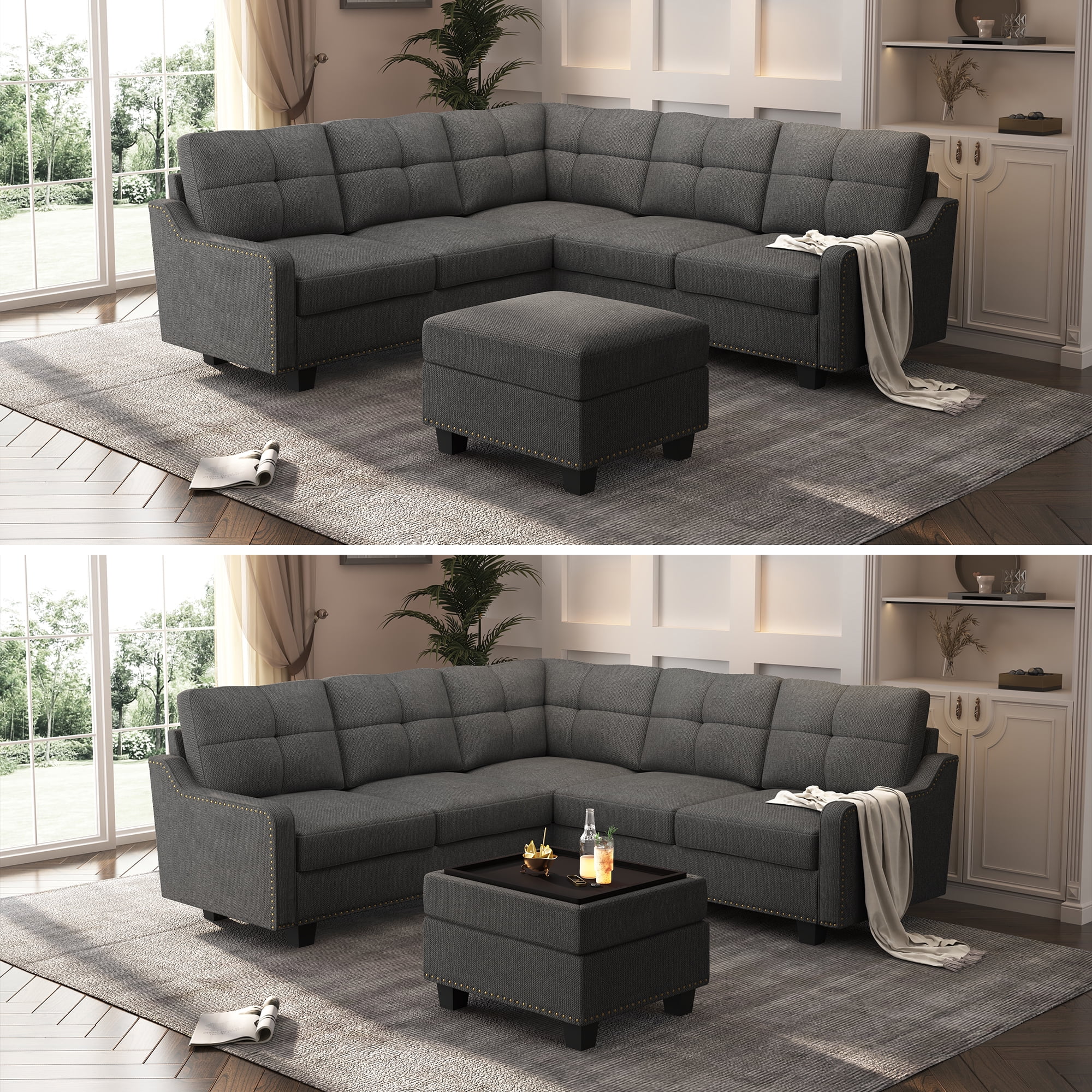 HONBAY Modern Convertible Nailhead Trim Sofa Set with Storage Ottoman, Dark Gray Sofa Set for Living Room