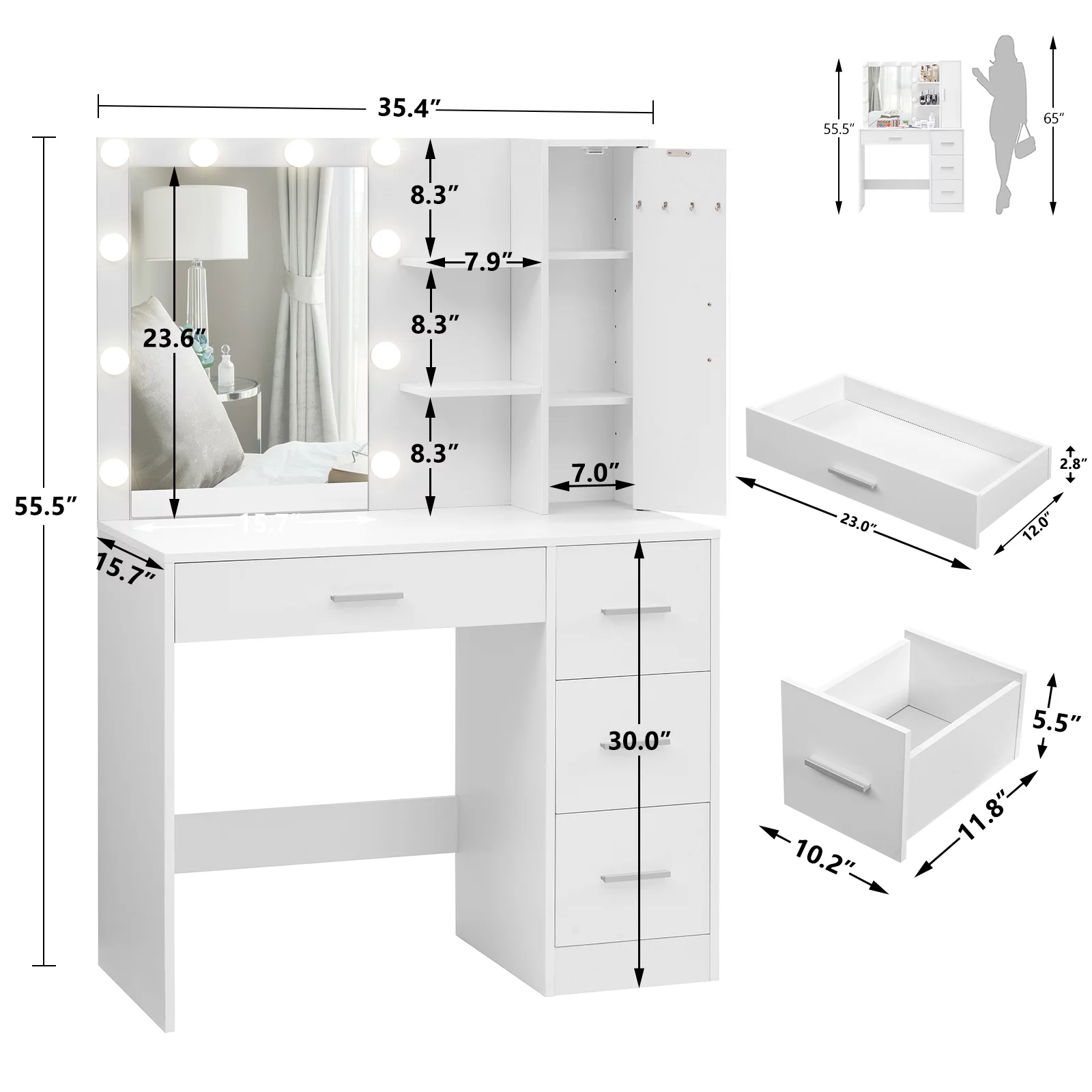 USIKEY Makeup Vanity with Lighted Mirror, Vanity Desk with 4 Drawers and Open Shelves for Bedroom,White YSZT036WD
