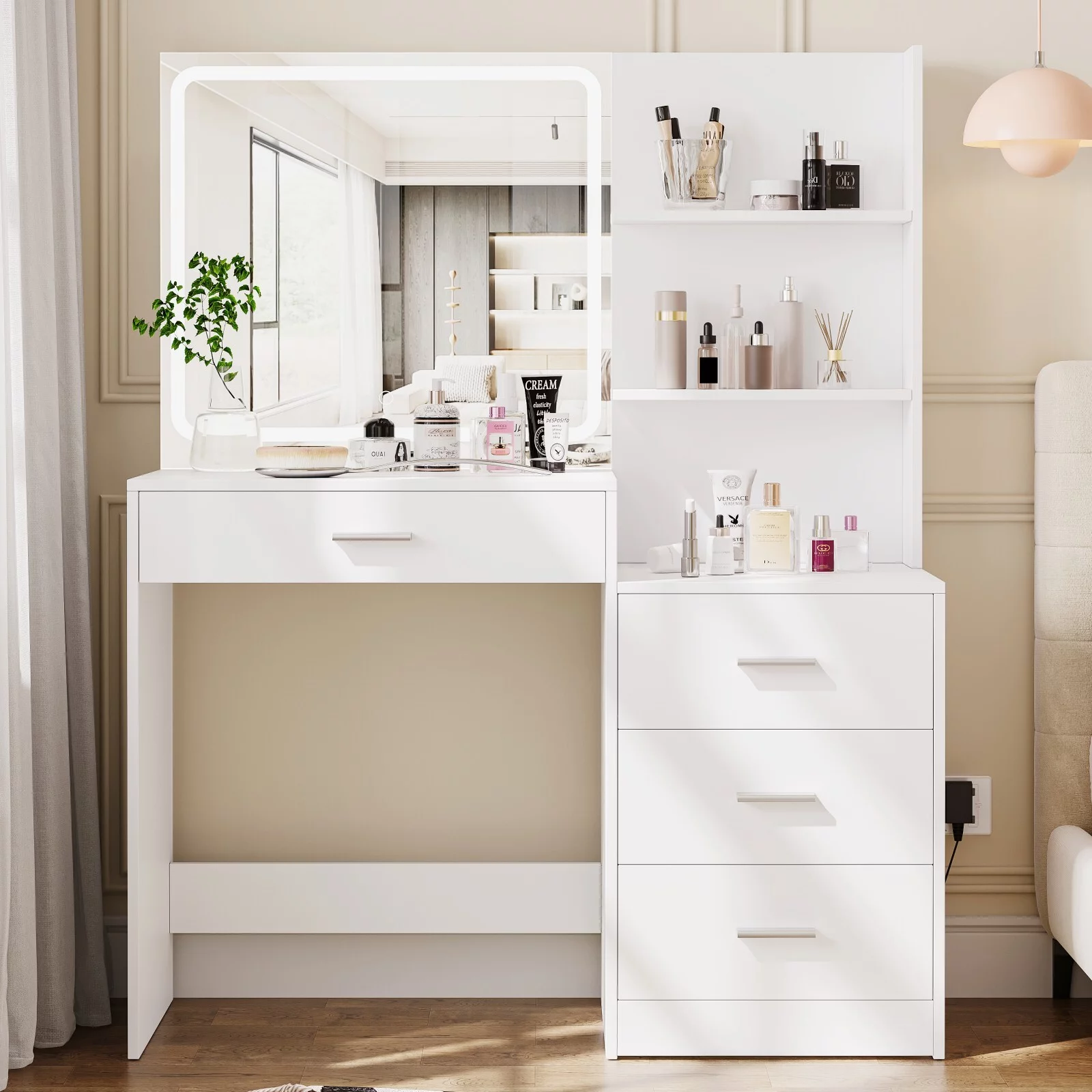 Rovaurx Makeup Vanity Table with Lights and Mirror, Storage Shelf & 4 Drawers, Dressing Desk, White