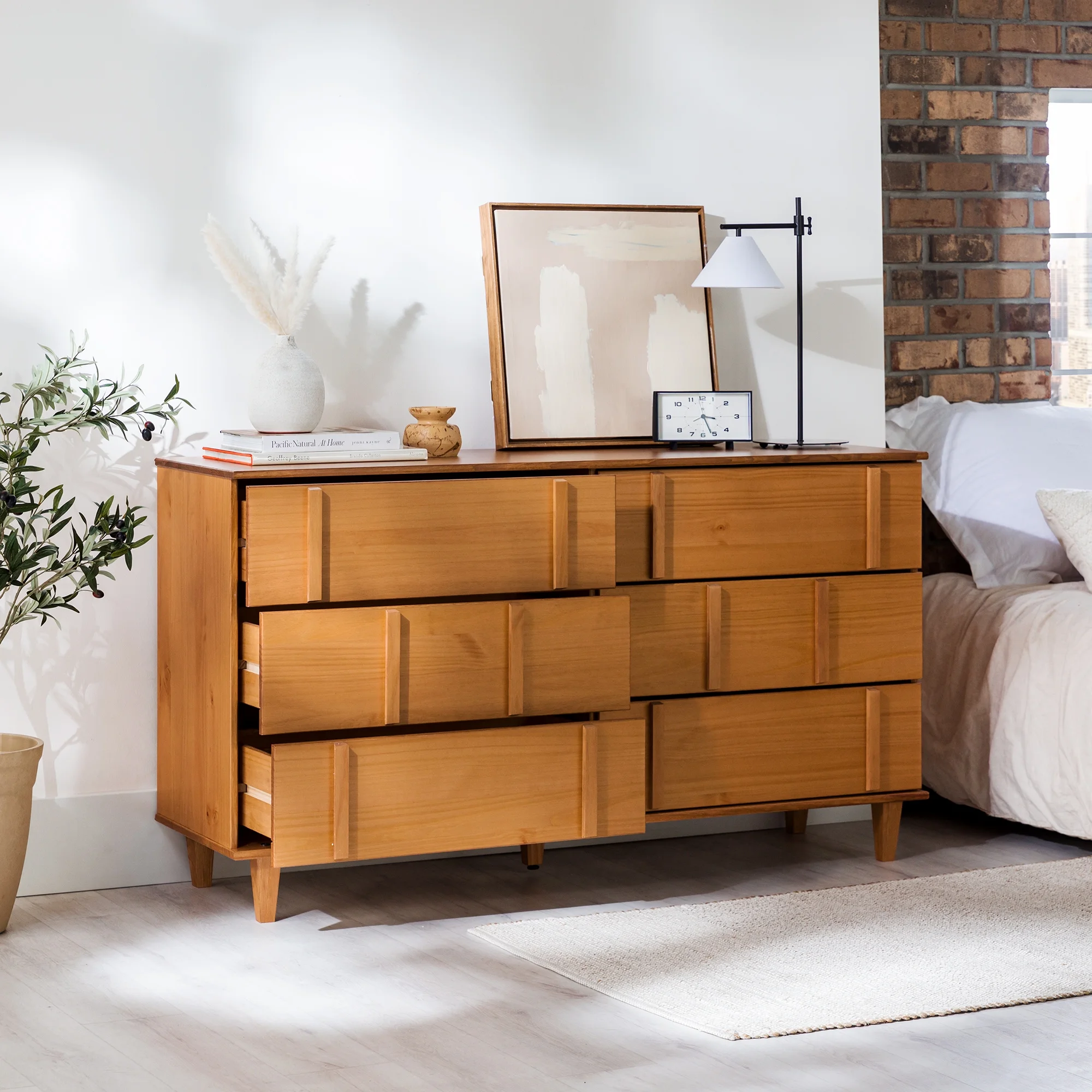 Walker Edison 60” Contemporary Vertical Drawer Pulls Solid Wood Dresser, Caramel