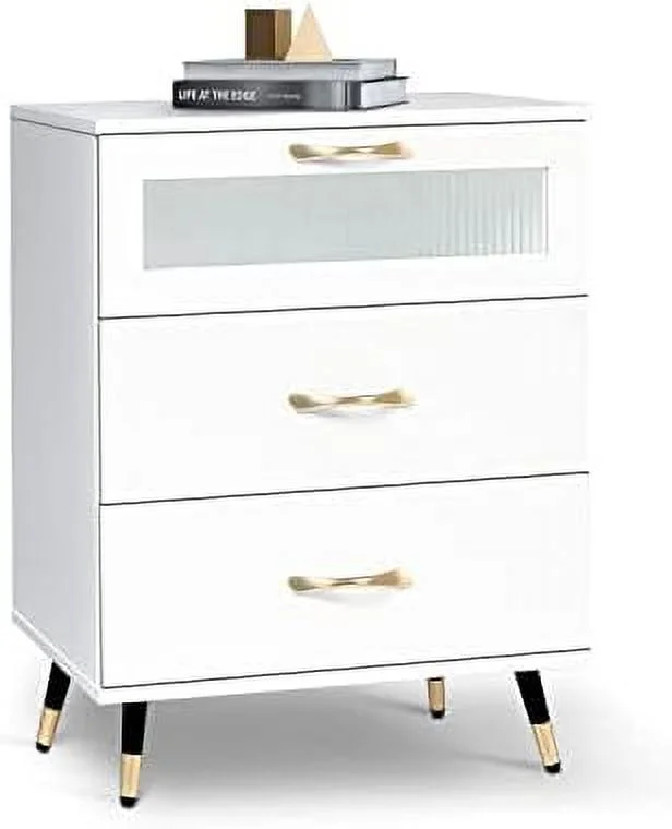 HBBOOMLIFE White Nightstand Modern 3 Drawer Nightstands  Bedroom Dresser Accent Bedside Cabinet End Side Table Modern Night Stand Perfect for Bedroom Living Room Accessories White (White