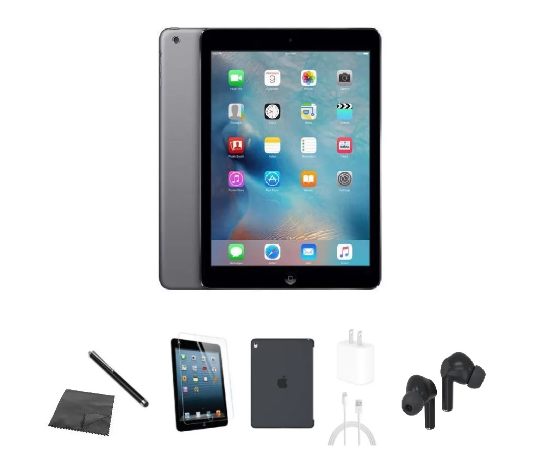 Restored Apple iPad Air A1474 (WiFi) 16GB Space Gray Bundle w/ Case, Bluetooth Earbuds, Tempered Glass, Stylus, Charger (Refurbished)