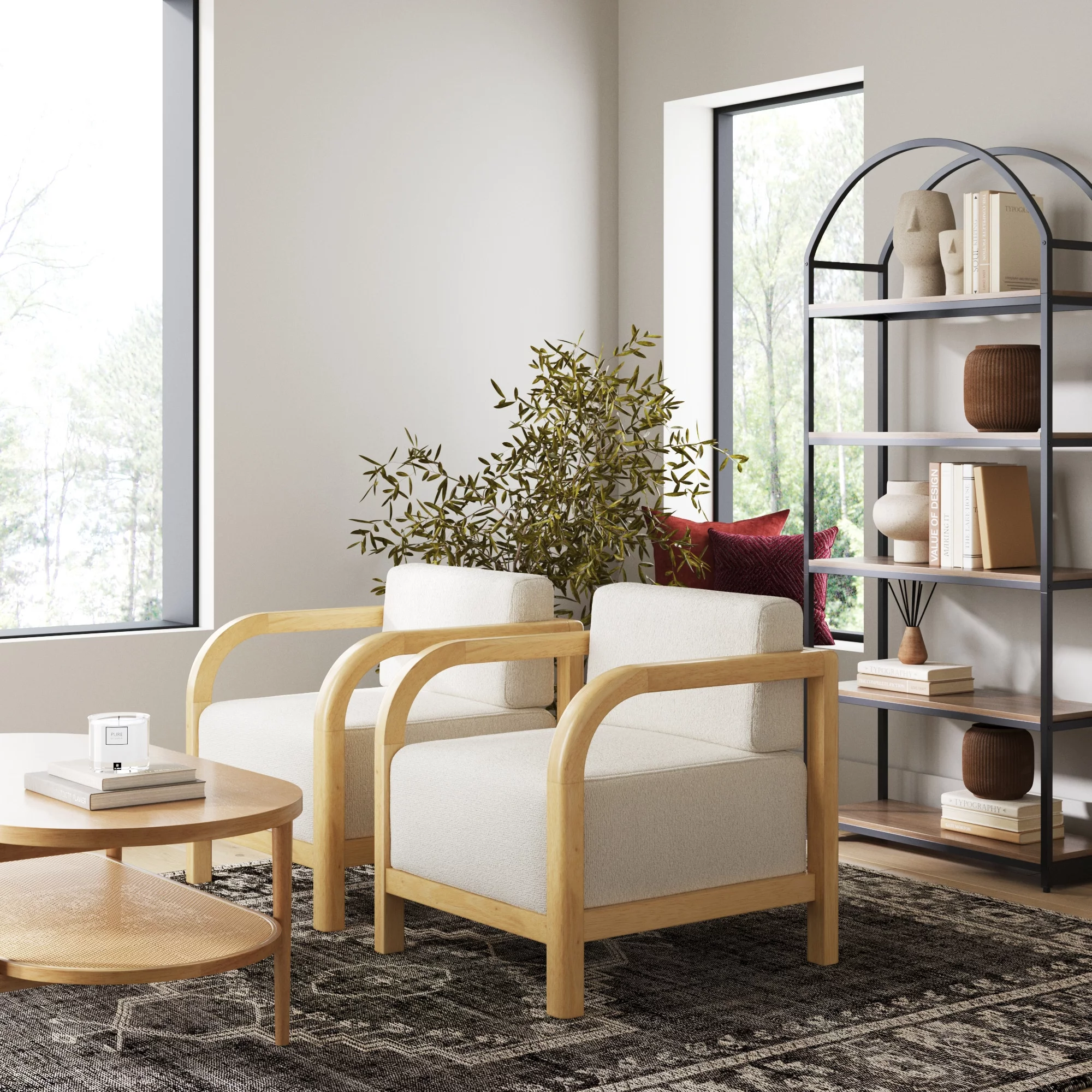 Nathan James Jayden Scandinavian Accent Chair, Boucle Linen Upholstered Bedroom Chair with Solid Wood Frame and Plush Cushioned Seat, Natural Brown