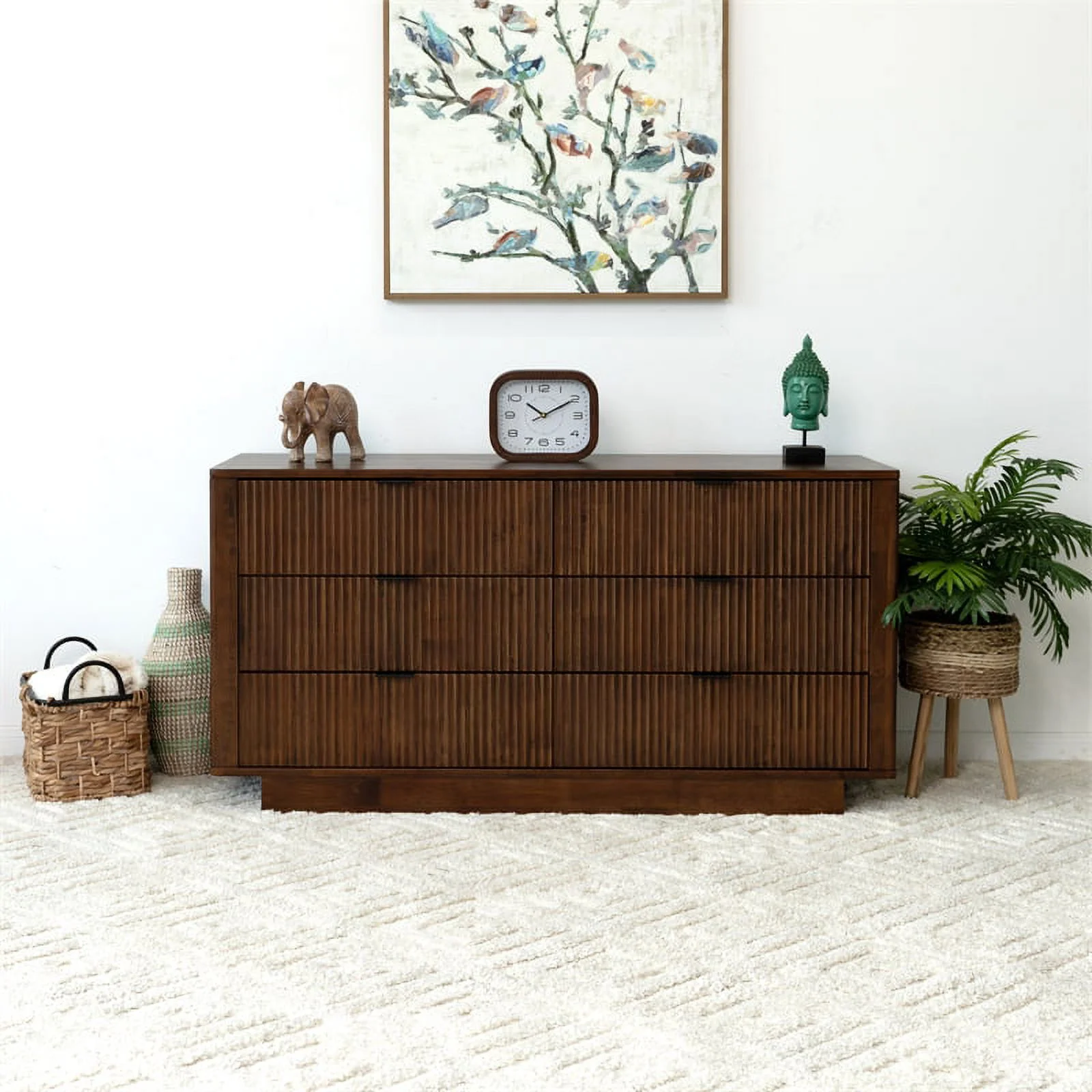 Carla Mid Century Modern Solid Wood Walnut Dresser with 6 Drawers
