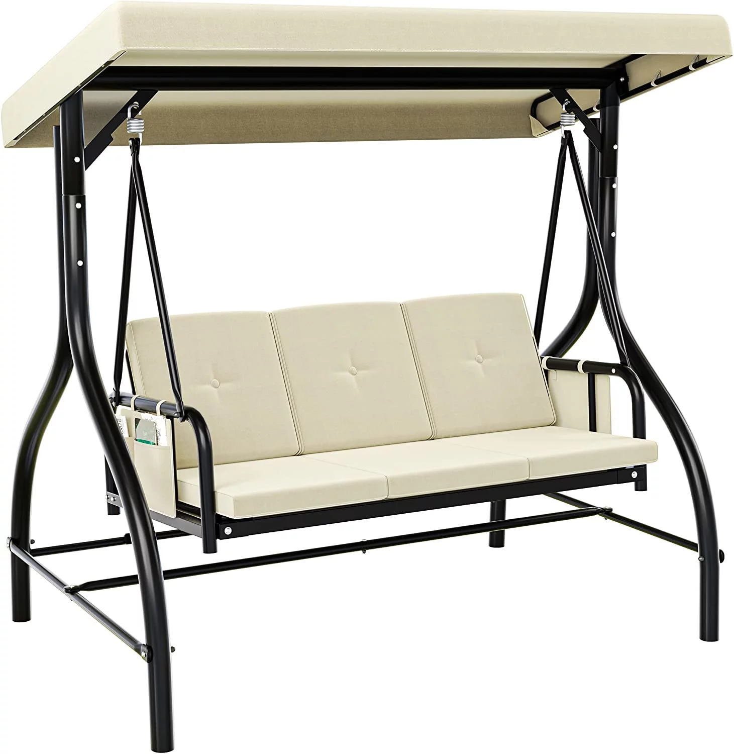 Dextrus Porch Swing Bed 3-Seats Outdoor Patio Swing Heavy Duty Swing Chair with Adjustable Canopy Removable Cushion , Beige