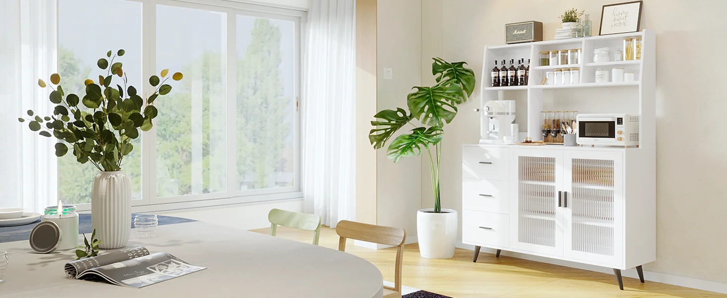 RichYa Kitchen Hutch Storage Cabinet, Freestanding Kitchen Pantry with Glass Doors and 3 Drawers for Dinning Room, Living Room, White
