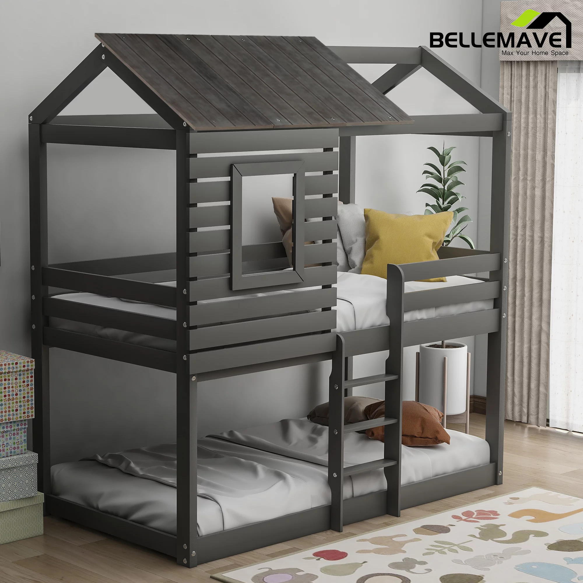 Bellemave Twin over Twin Bunk Bed for Kids, Twin House Bunk Bed with Roof, Window, Guardrail and Ladder, Low House Bunk Bed/Wood Playhouse Bunk Bed for Kids, Girls, Boys(Gray)