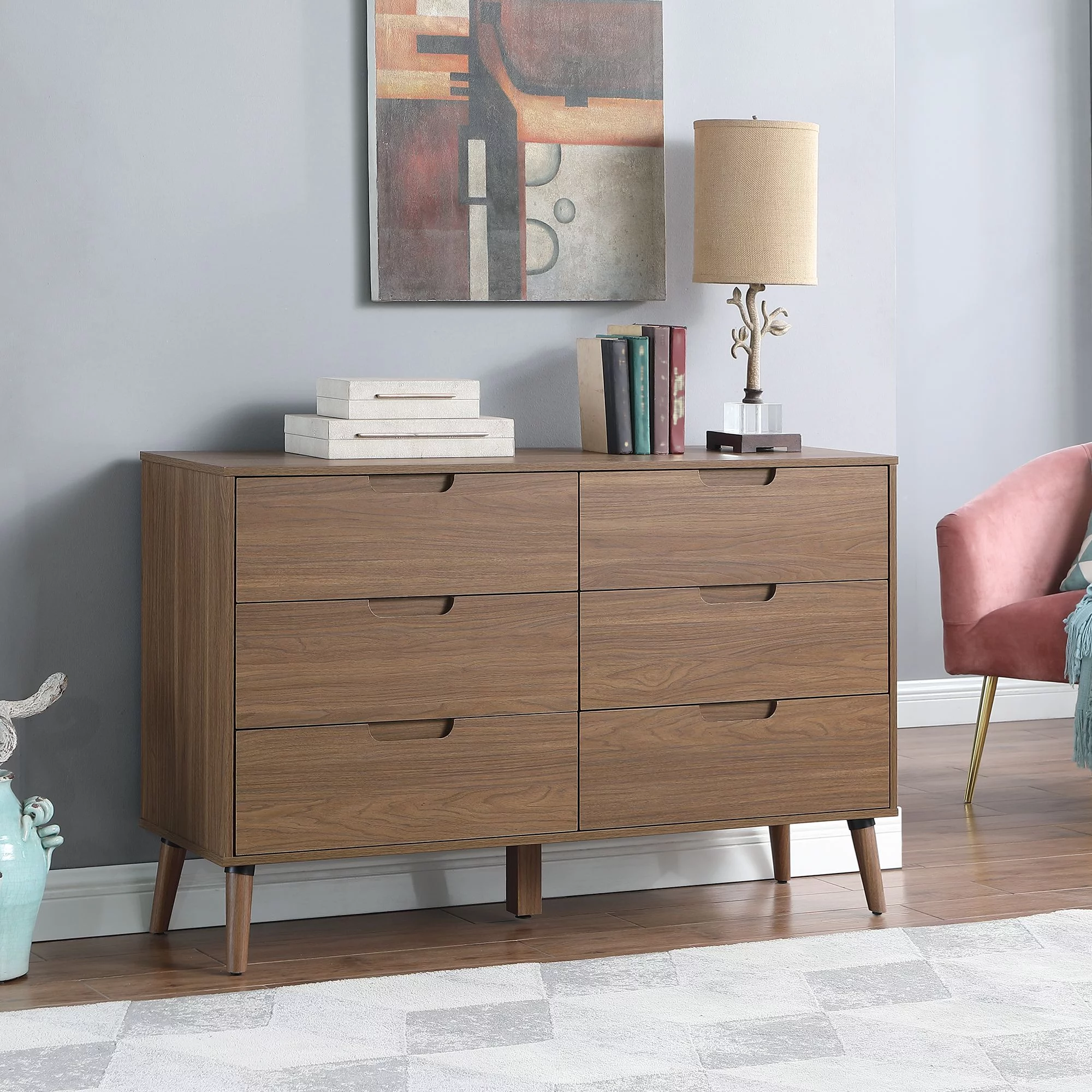 Mainstays Modern 6 Drawer Wood Dresser, Bedroom, For all ages, Brown Walnut