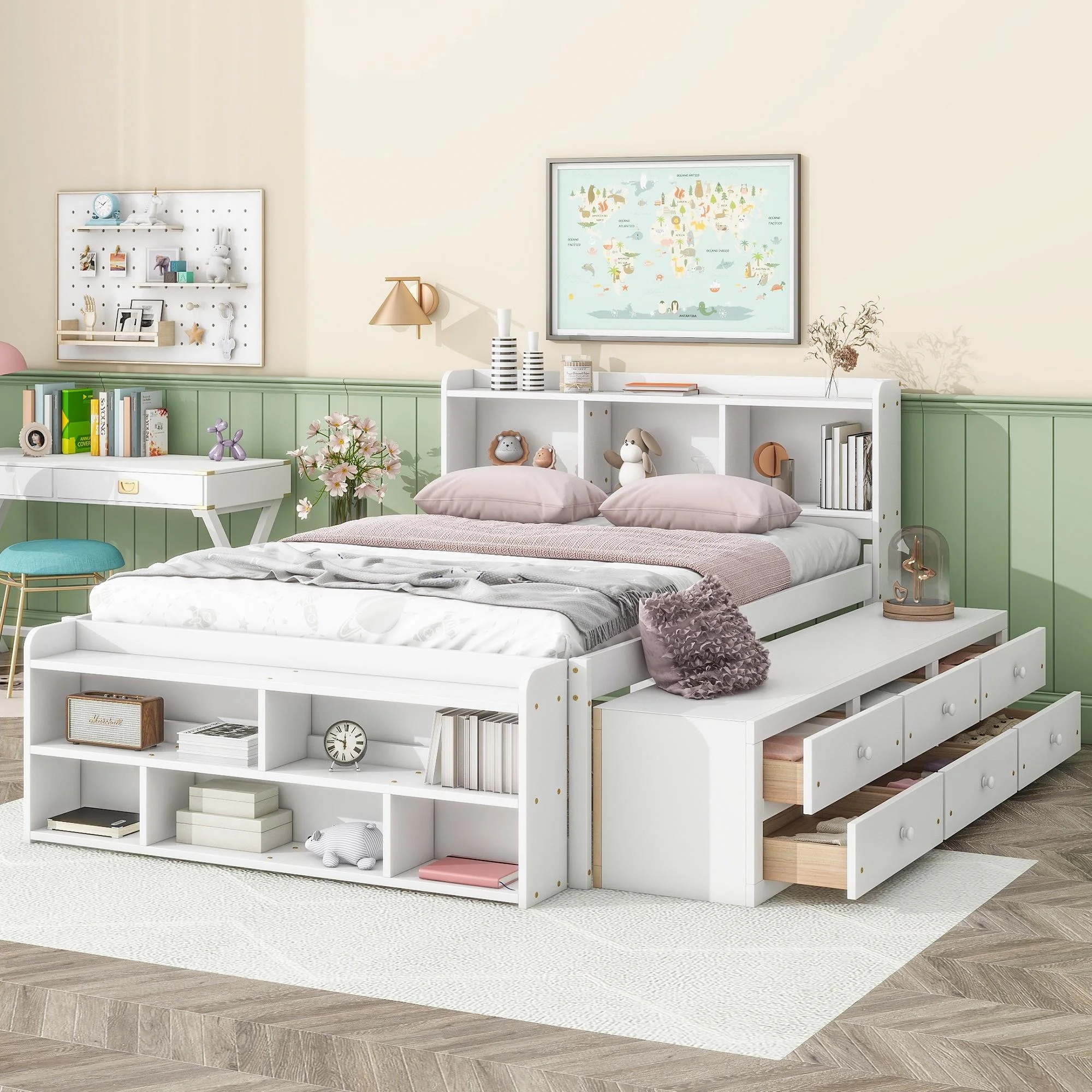 Bellemave Full Storge Bed Frame with Bookcase Headboard, Wood Platform Bed with 6 Drawers and End Storage Case, Full Size Bed Frame for Kids Teens Adults (White)