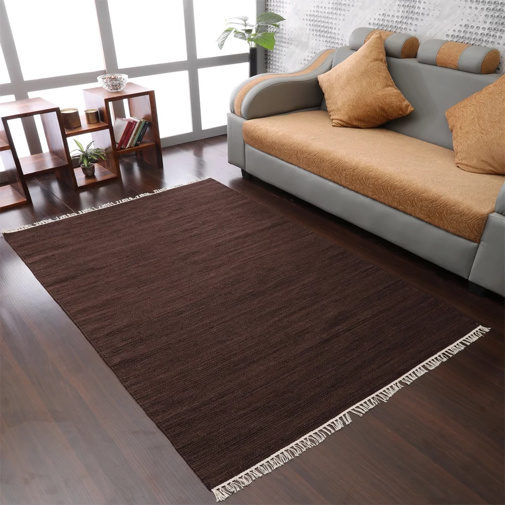 RUGSOTIC CARPETS HAND WOVEN FLAT WEAVE KILIM WOOL ECO-FRIENDLY AREA RUGS - 5'x8', Rectangle, Dark Brown , Plain Solid Design, Low Pile Handmade Area Rugs for Living Room, Bed Room (D00111)