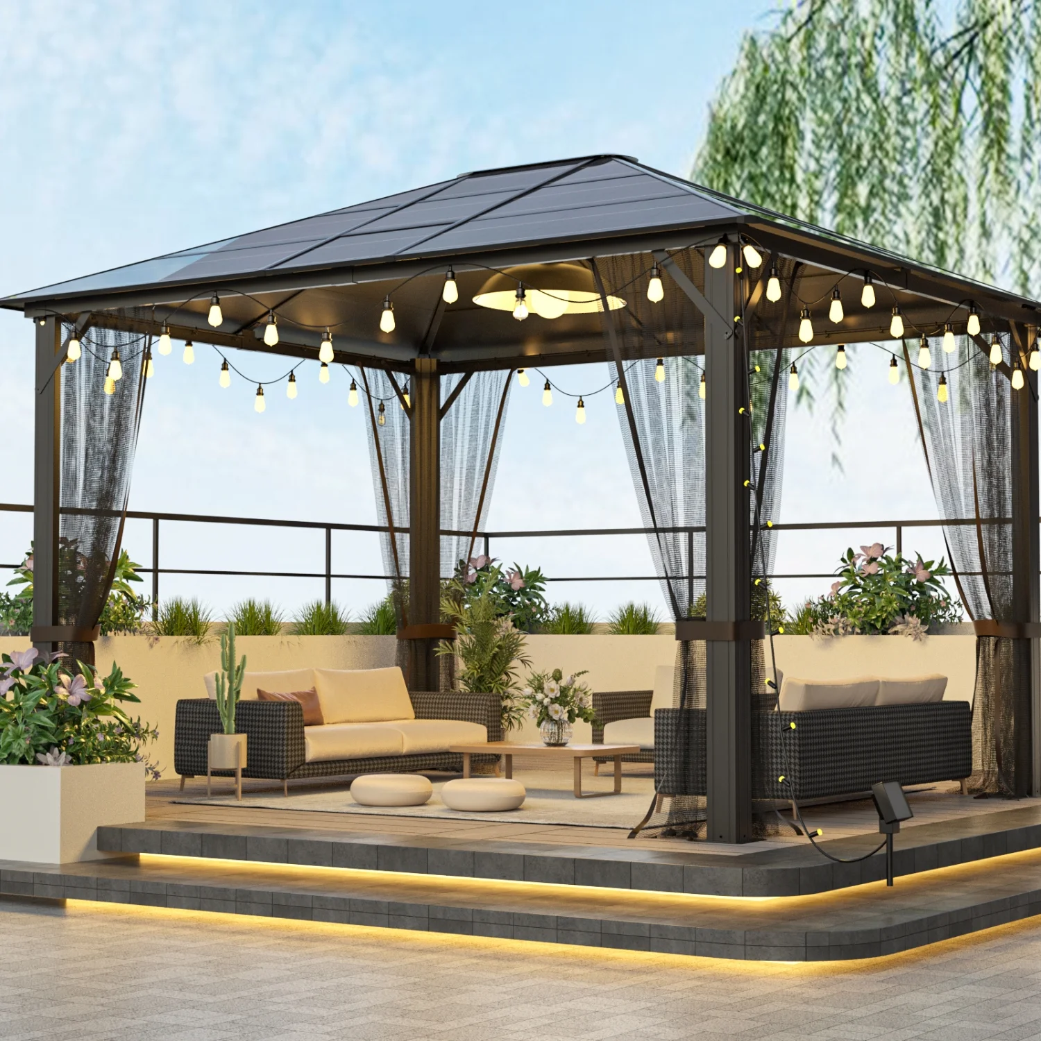 10x12 Hardtop Metal Gazebo Heavy Duty Pergola with Mosquito Nets Galvanized Steel&Polycarbonate Roof Sturdy Outdoor Canopies Tent Suitable for Gardens Patio Backyard
