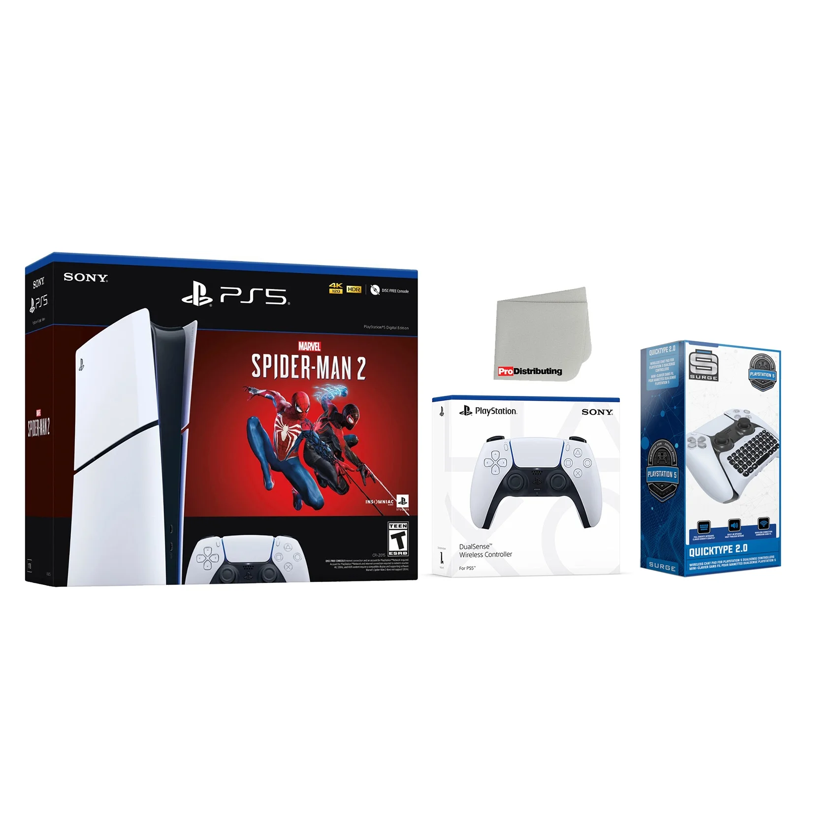 Sony PlayStation 5 Digital Slim Marvel’s Spider-Man 2 Bundle with Extra White Controller and QuickType Keypad