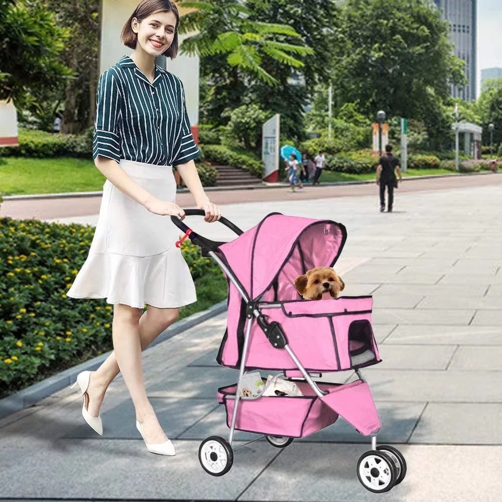 3 Wheel Dog Stroller Folding Pet Stroller Travel Dog Carriers for Small Dogs with Free Pad & Cup Holder, Pink