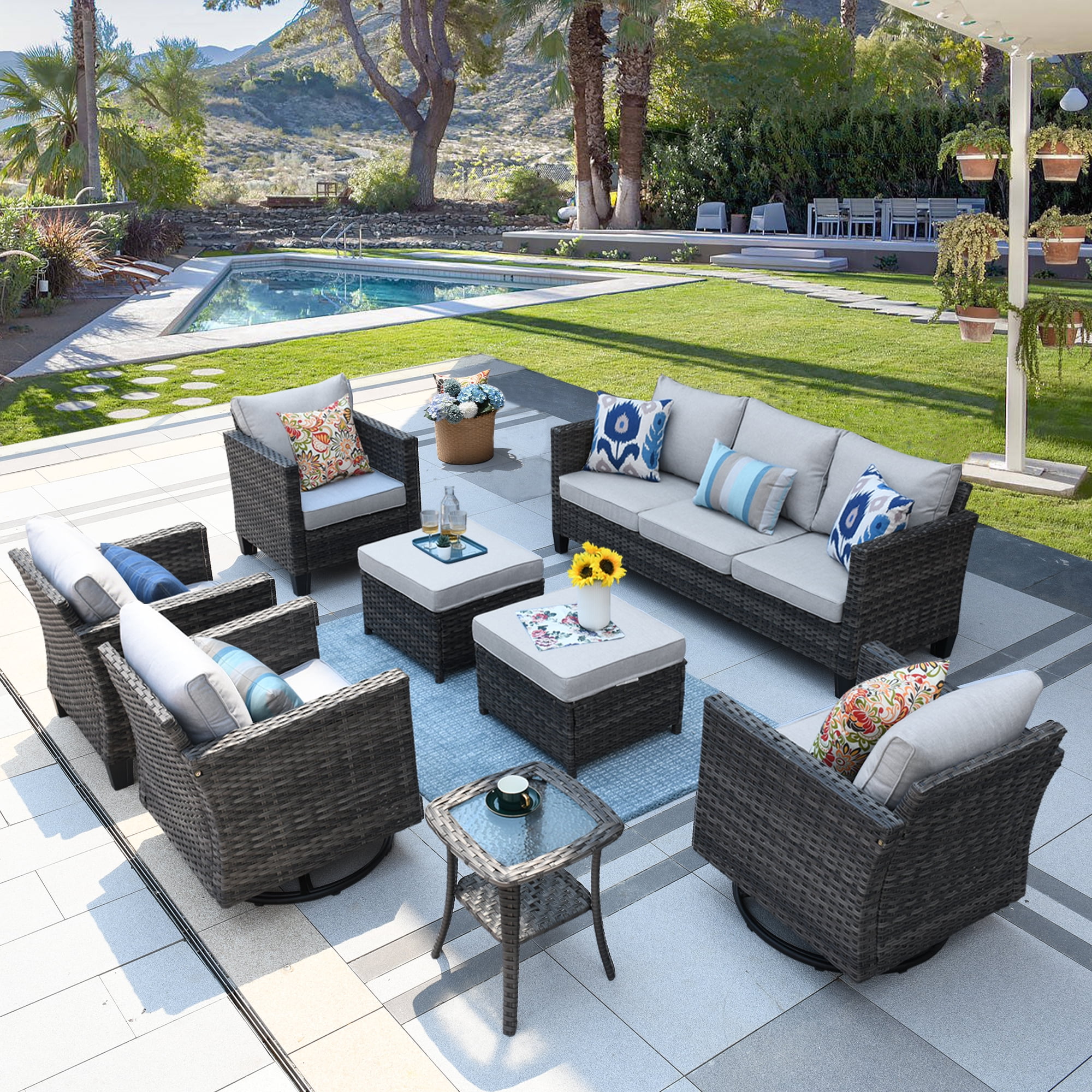 Ovios Patio Furniture Set 8 Pieces All Weather Wicker Conversation Set Outdoor Sectional Couch with Swivel Rocking Chair, Ottomans, Side Table, Light Gray Cushion