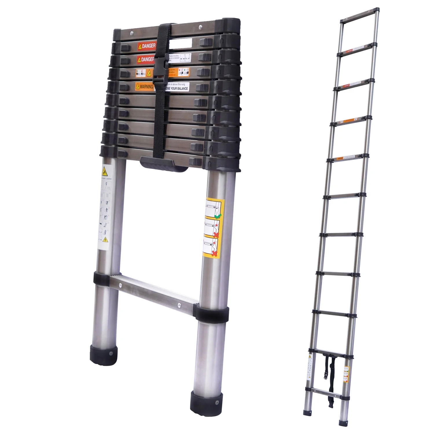 10.5ft Telescoping Ladder Stainless Steel Construction Portable Folding Extension Ladder for Home Office RV Attic Building Maintenance, 330lbs Load Capacity, EN131 Standard, with Slip-Proof Feet
