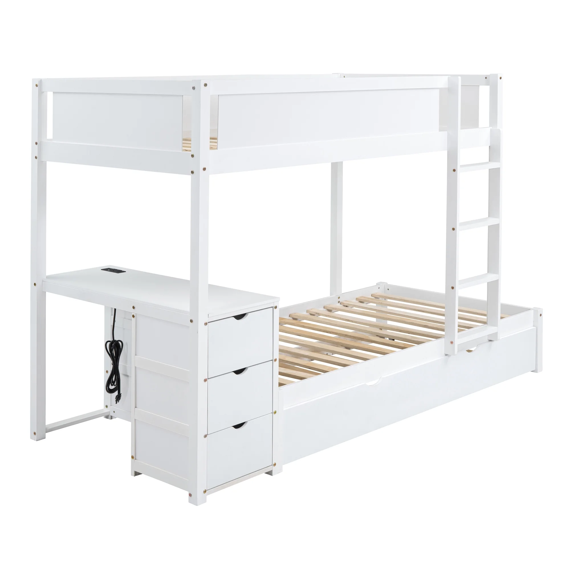 Churanty Twin Over Twin Bunk Bed with Trundle and Desk, Solid Wood Bunk Bed Frame with Storage Drawers and shelves for Kids Girls Boys Bedroom,White