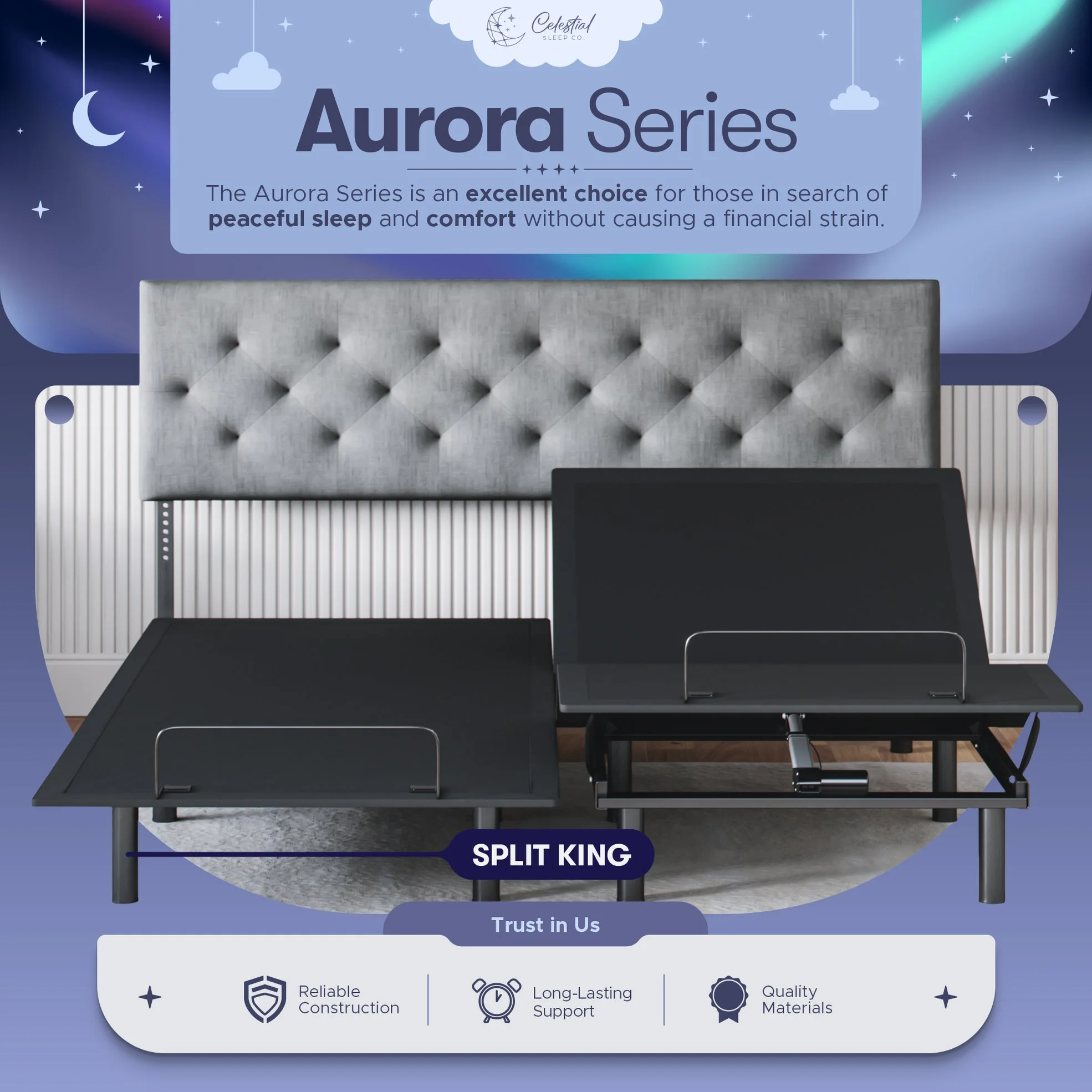 Celestial Aurora Adjustable Bed Base (Frame Only), Easy Assembly, Head and Foot Lift, Zero Gravity, Memory Positions - Split King