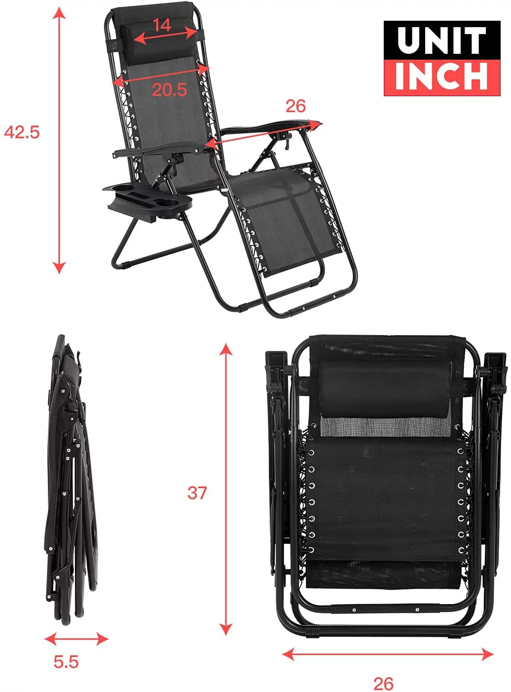 Zero Gravity Lounge Chair with Pillow and Side Table,Black