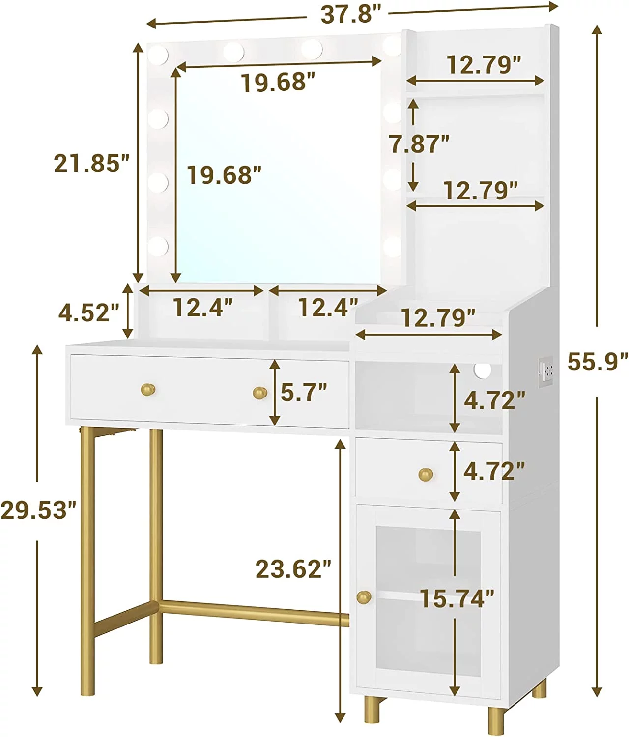 Makeup Vanity Desk with Lighted Mirror and Drawers, Vanity Desk Table Dressing Table with Charging Station & Lights for Bedroom,White