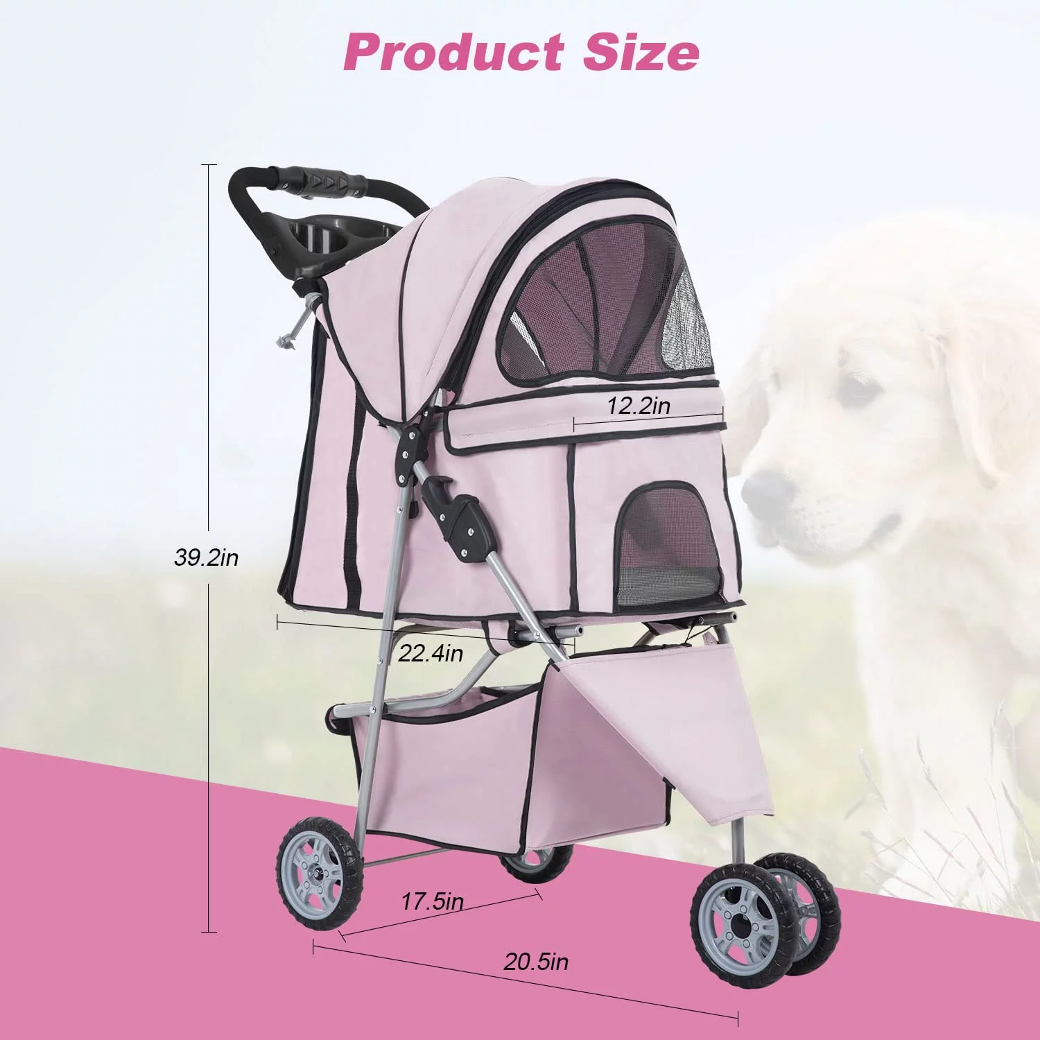BestPet 3 Wheels Pet Stroller Dog Cat Stroller Folding Carrier Waterproof with Cup Holder (Light Pink)