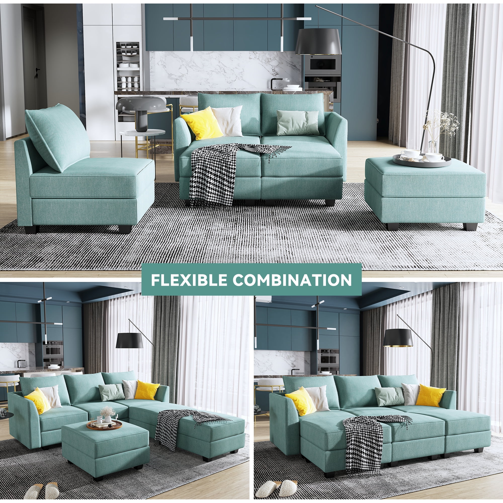 HONBAY Modern Convertible 6 Pieces Fabric Sleeper Sectional Couch Sofa Bed with Storage Ottomans, Aqua Blue
